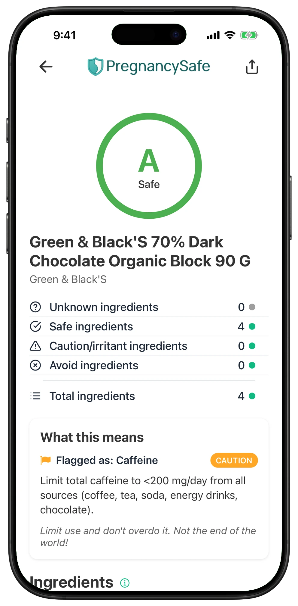 Pregnancy Safe app result for Green & Black'S 70% Dark Chocolate Organic Block 90 G
