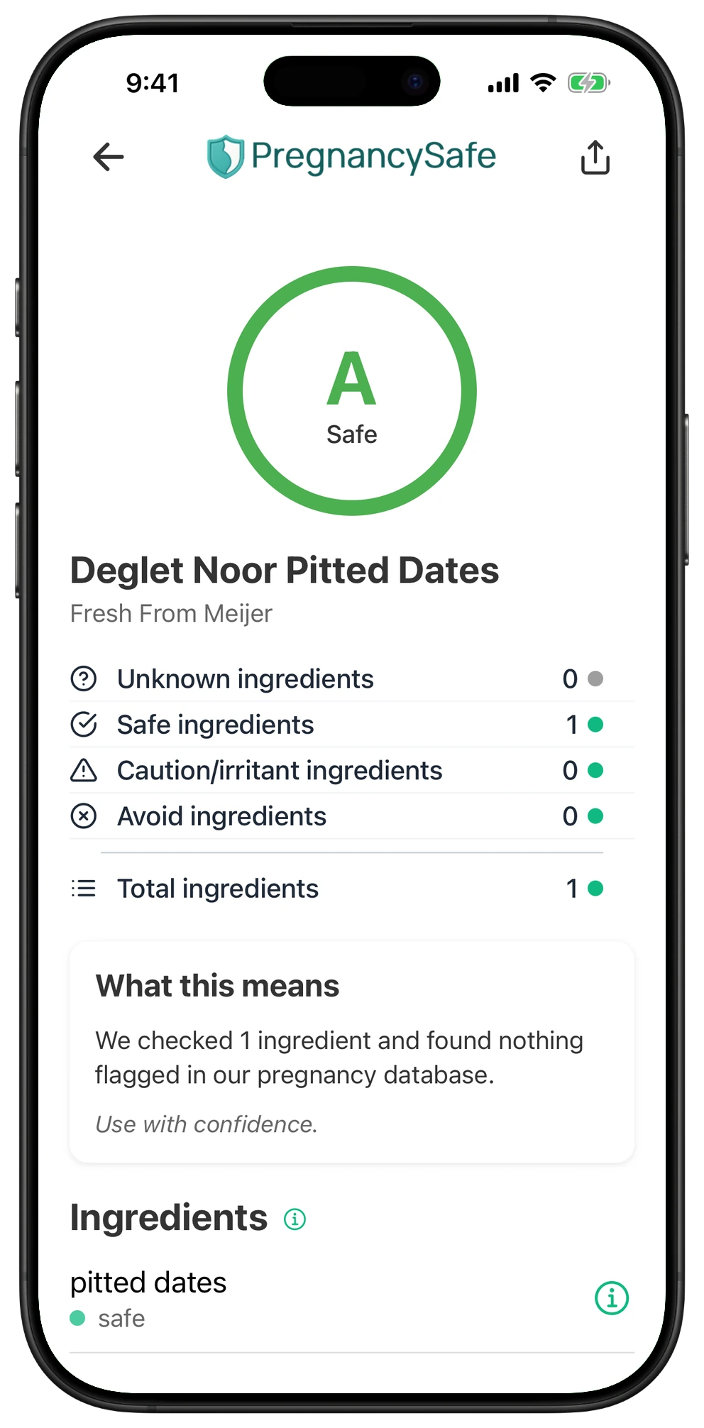 Pregnancy Safe app result for Deglet Noor Pitted Dates