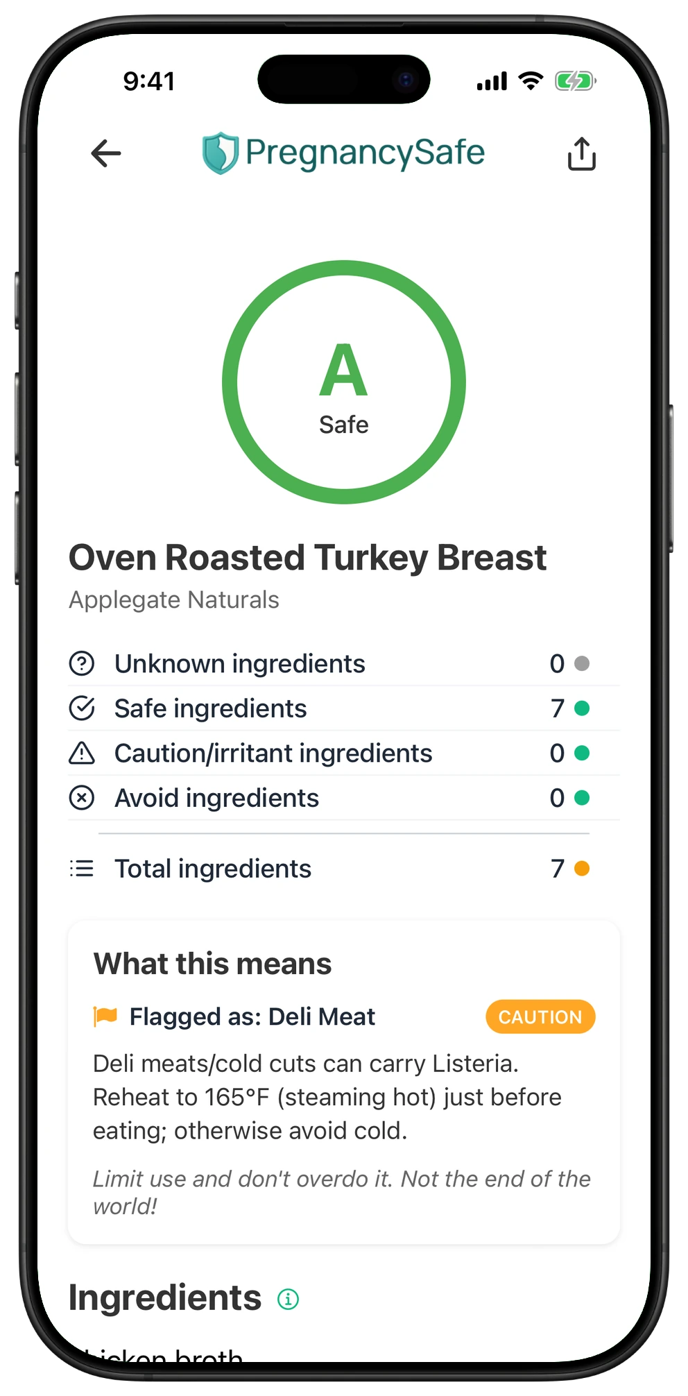 Pregnancy Safe app result for Oven Roasted Turkey Breast