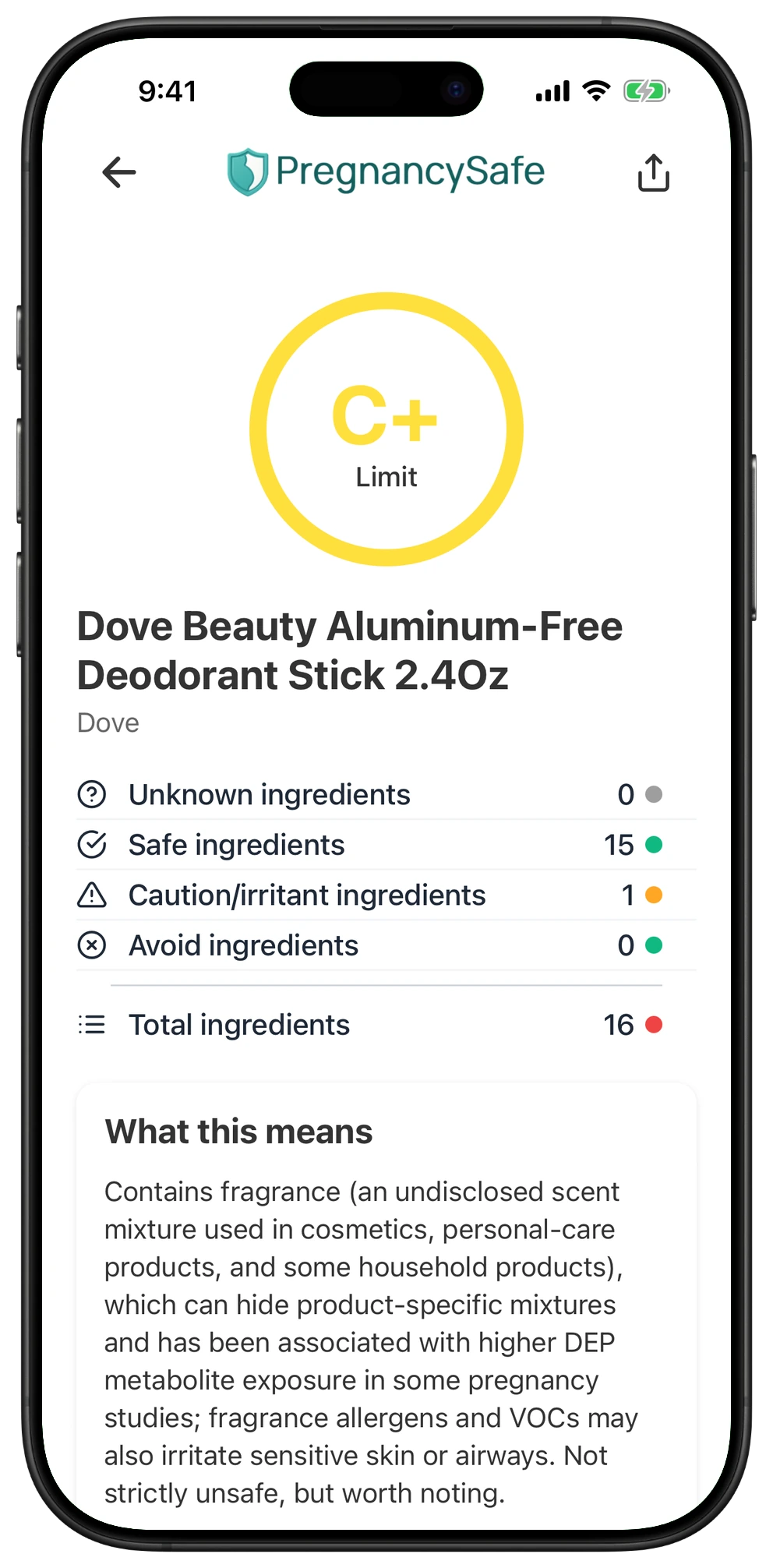 Pregnancy Safe app result for Dove Beauty Aluminum-Free Deodorant Stick 2.4Oz
