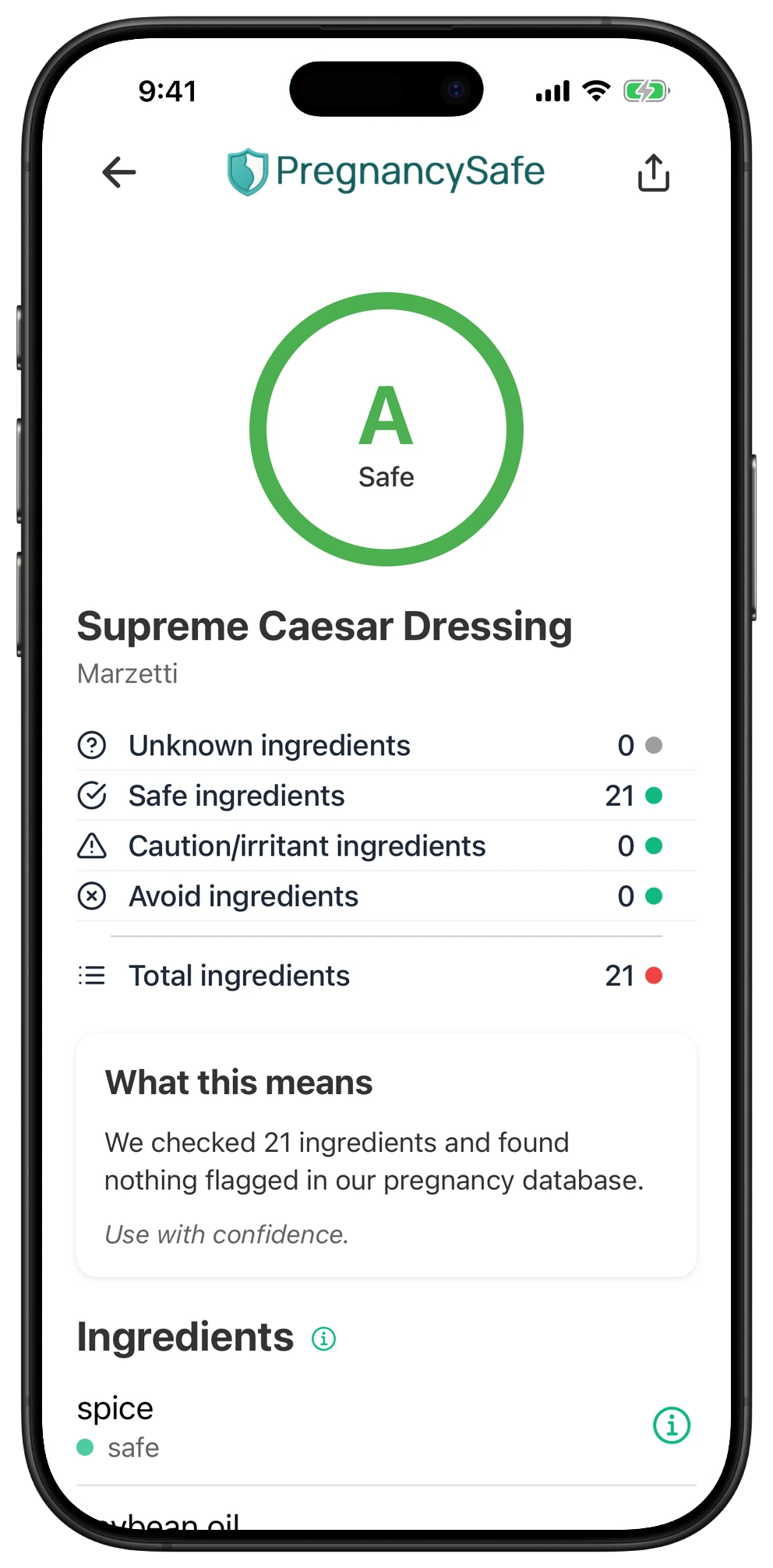 Pregnancy Safe app result for Supreme Caesar Dressing