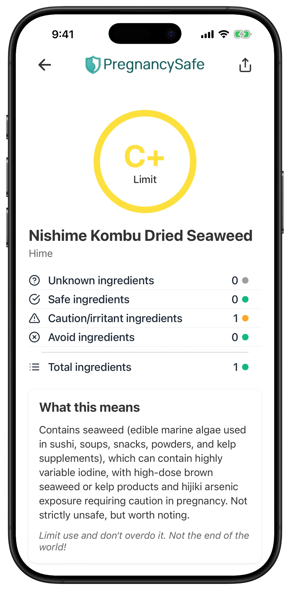 Pregnancy Safe app result for Nishime Kombu Dried Seaweed