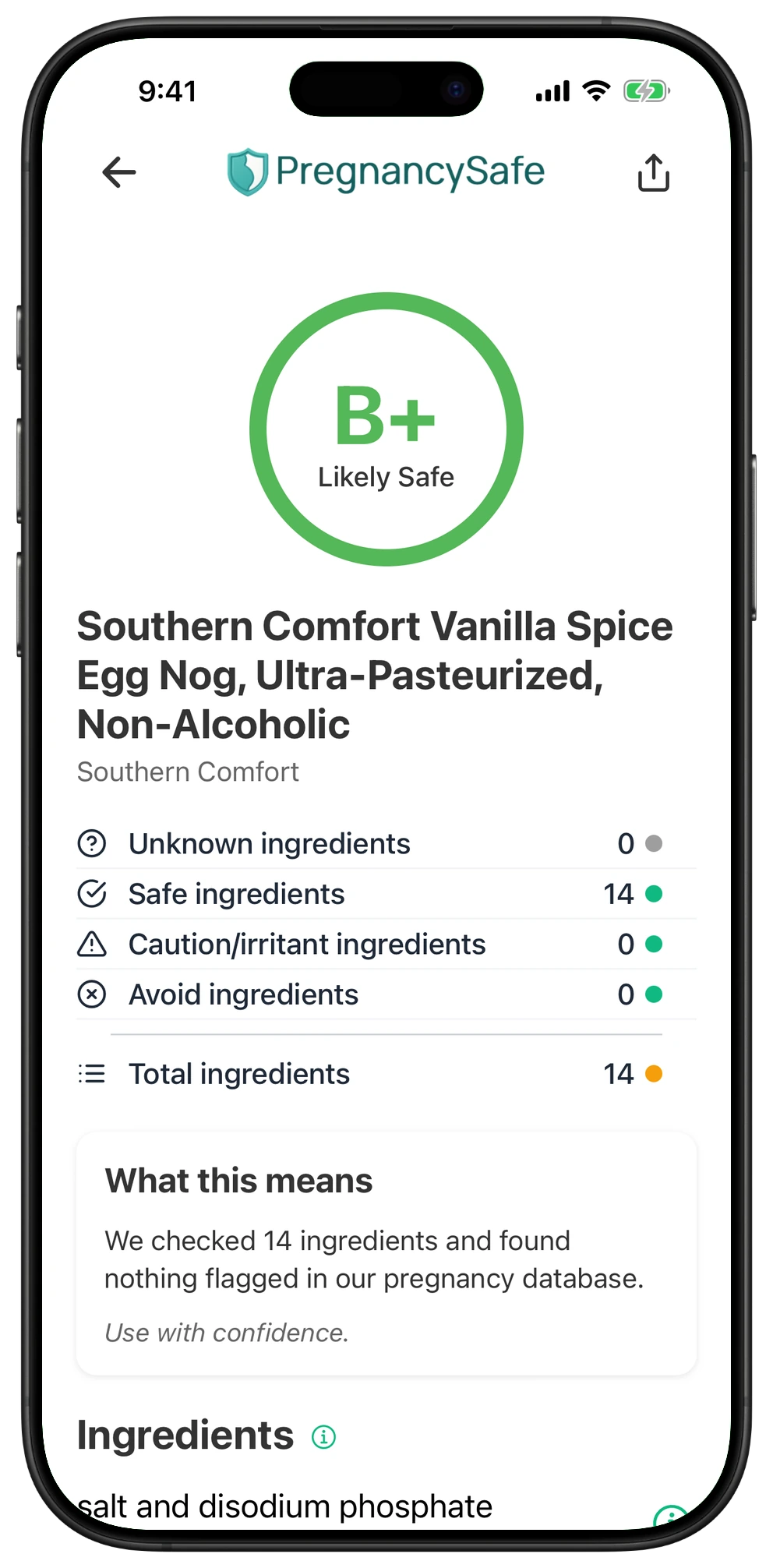Pregnancy Safe app result for Southern Comfort Vanilla Spice Egg Nog, Ultra-Pasteurized, Non-Alcoholic