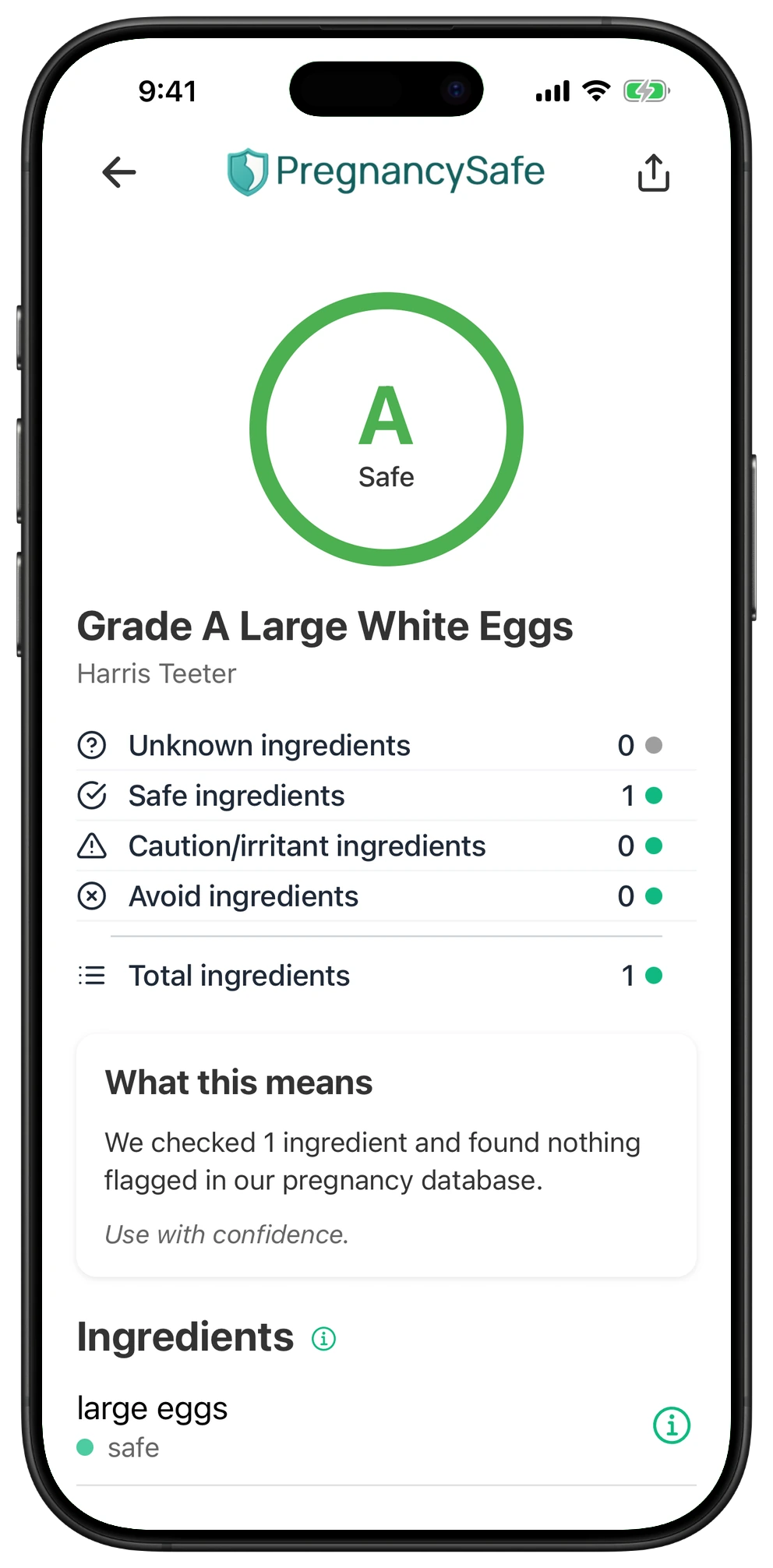 Pregnancy Safe app result for Grade A Large White Eggs