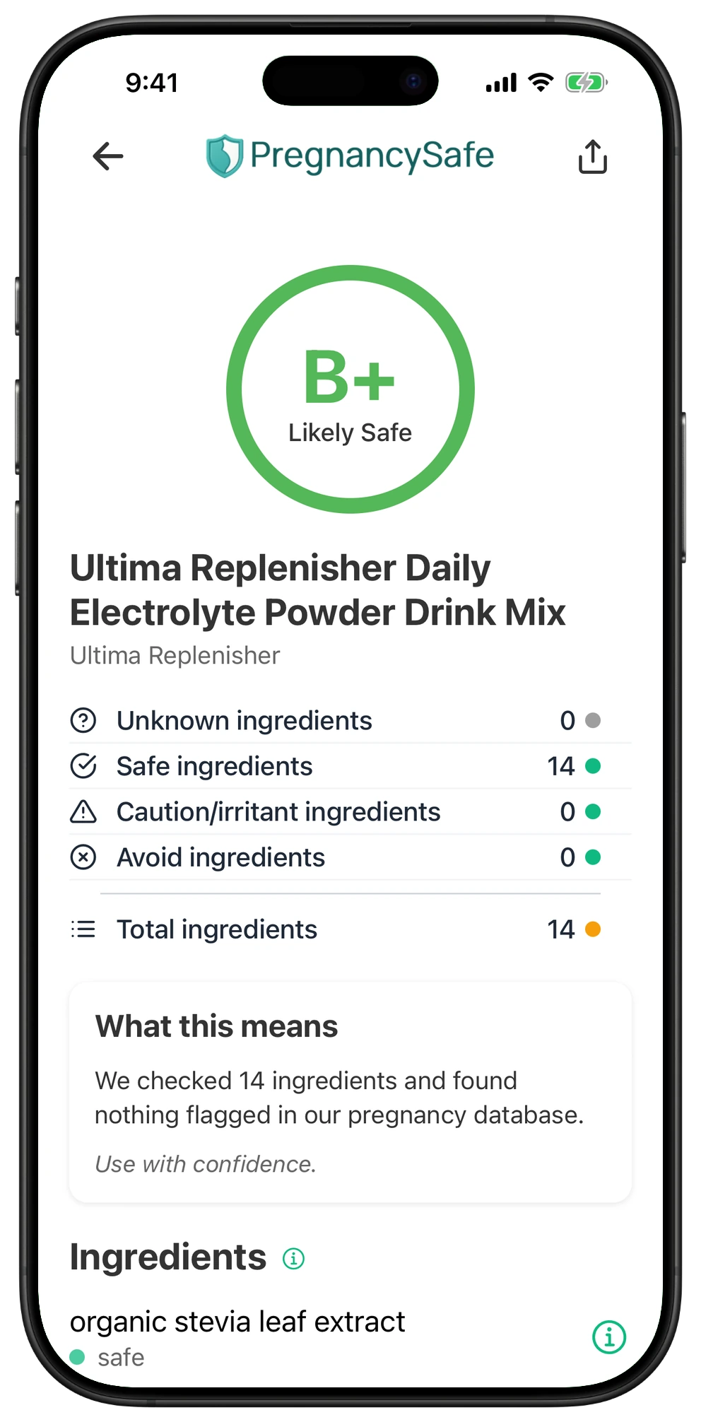 Pregnancy Safe app result for Ultima Replenisher Daily Electrolyte Powder Drink Mix