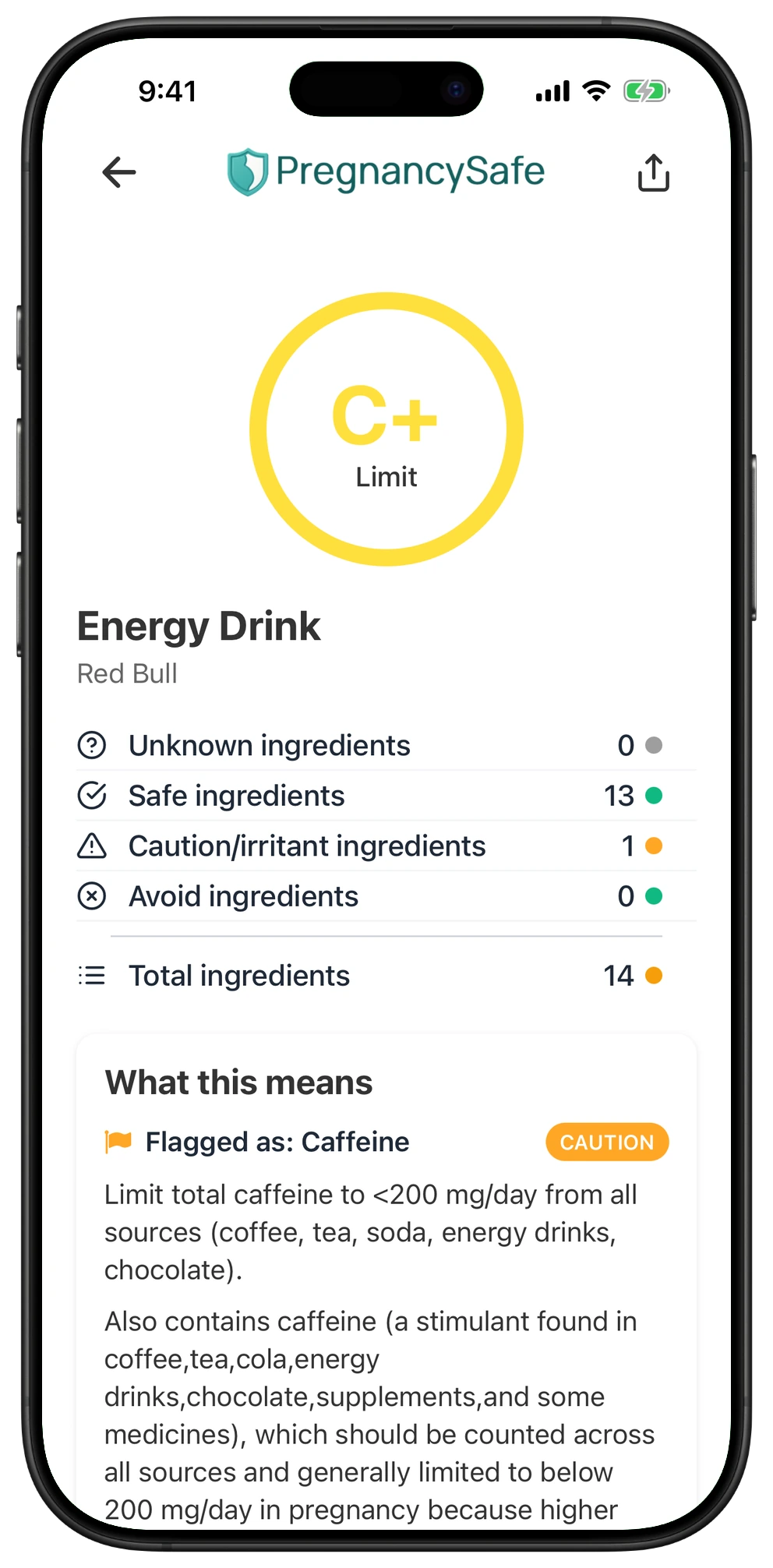 Pregnancy Safe app result for Energy Drink