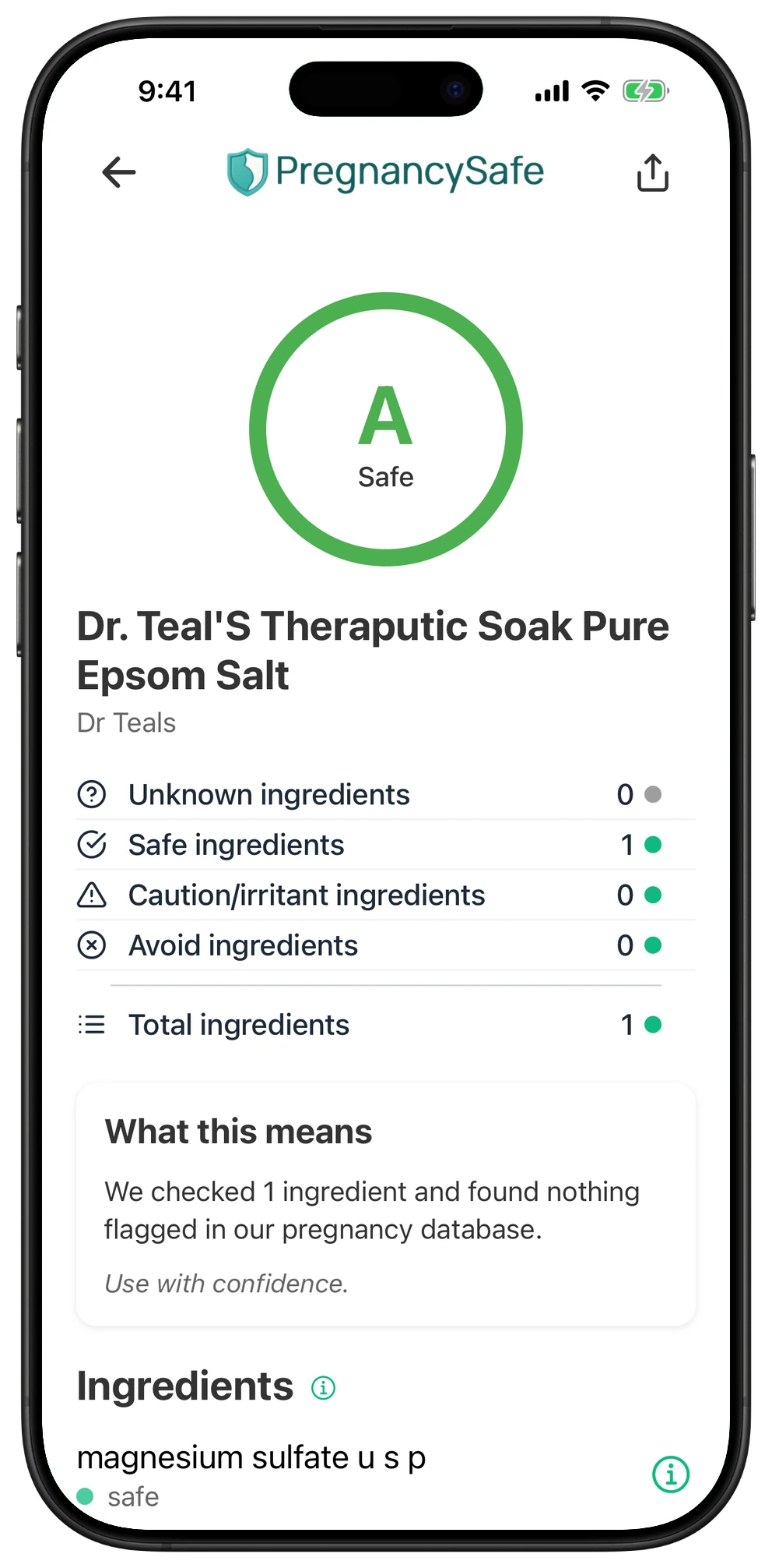 Pregnancy Safe app result for Dr. Teal'S Theraputic Soak Pure Epsom Salt