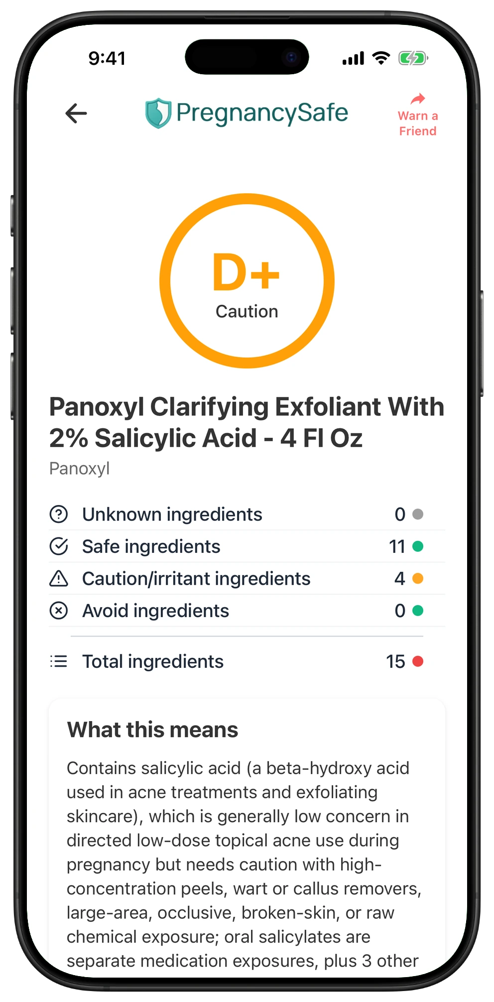 Pregnancy Safe app result for Panoxyl Clarifying Exfoliant With 2% Salicylic Acid - 4 Fl Oz