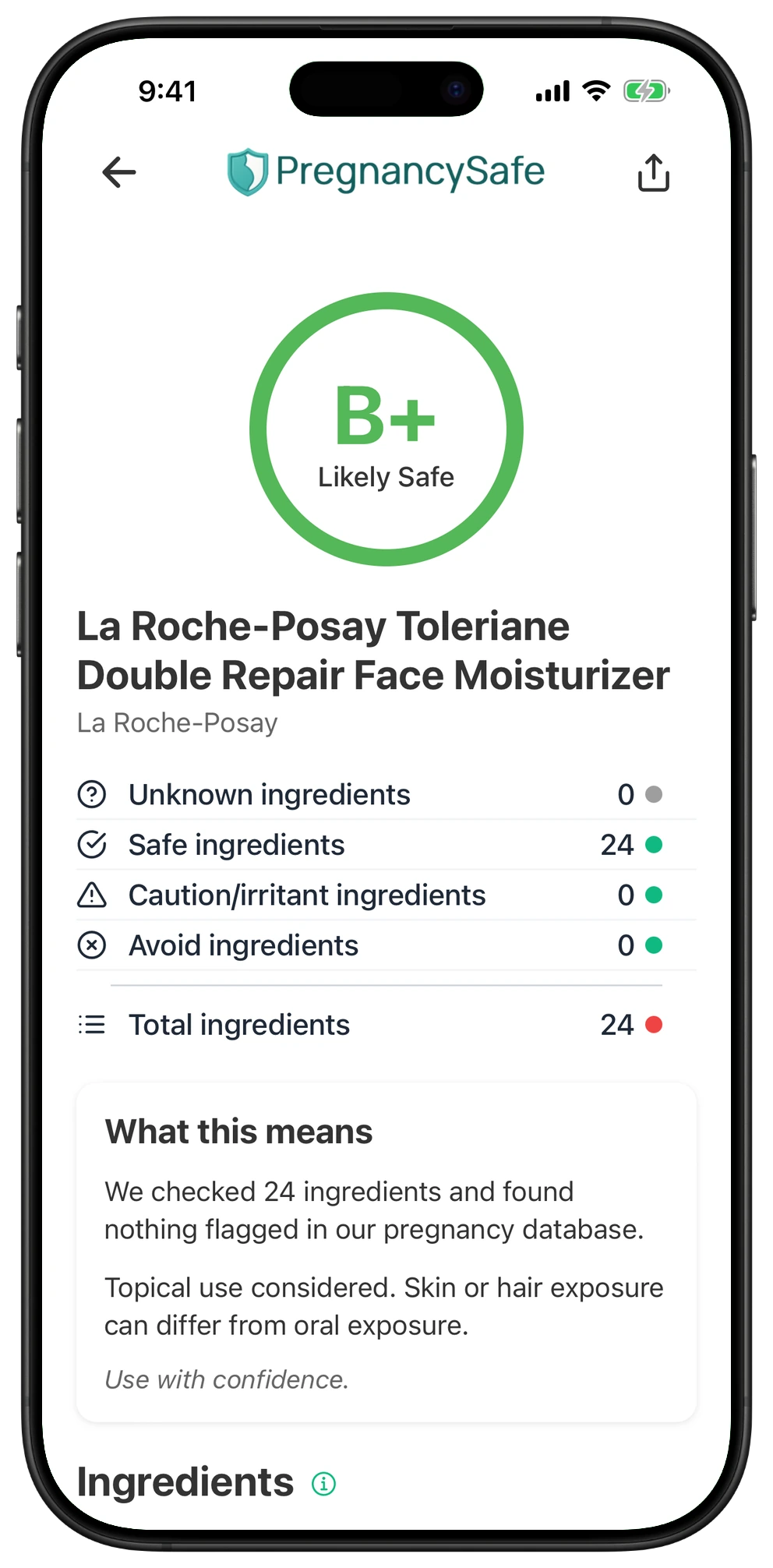 Pregnancy Safe app result for La Roche-Posay Toleriane Double Repair Face Moisturizer