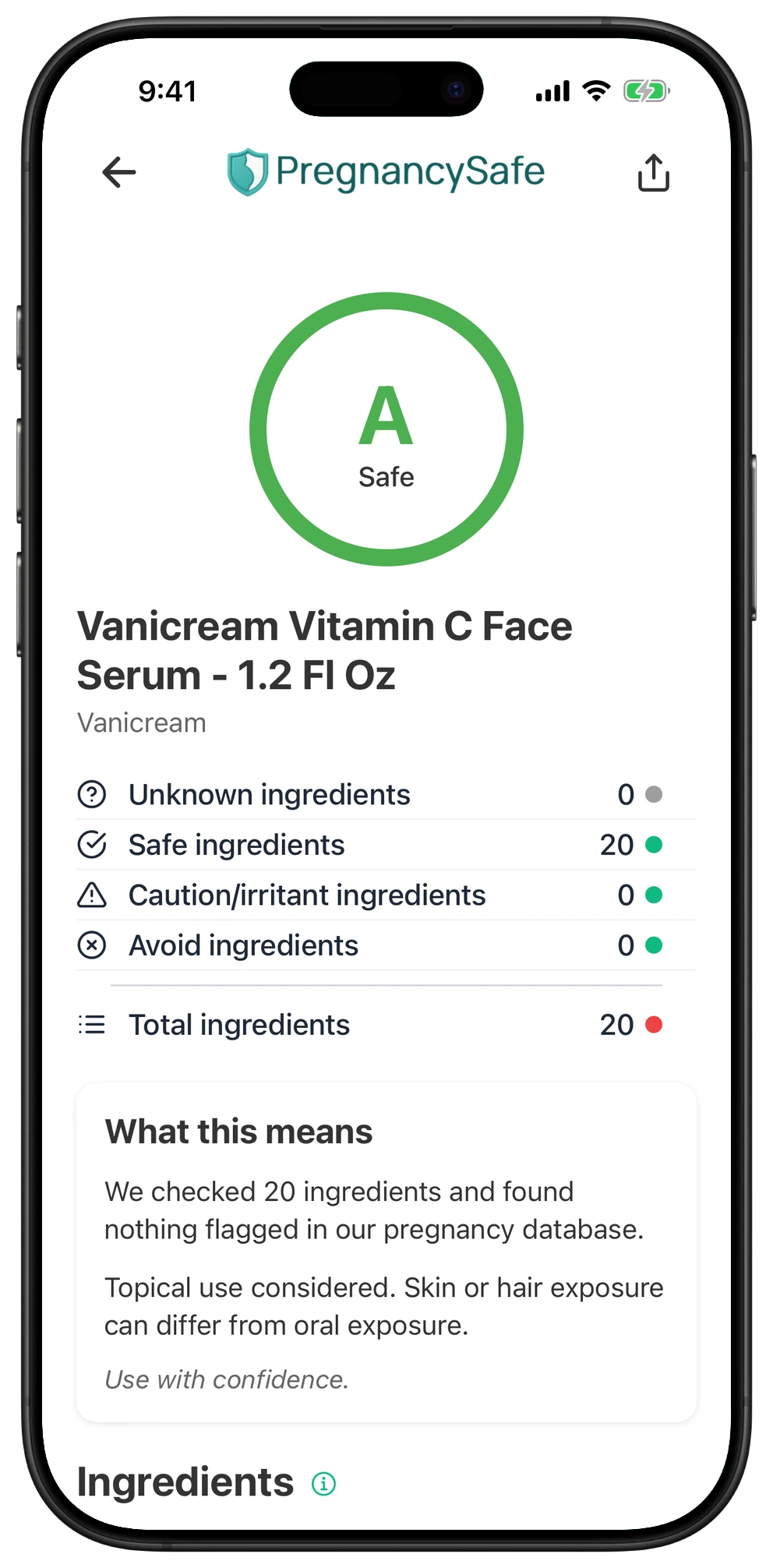 Pregnancy Safe app result for Vanicream Vitamin C Face Serum - 1.2 Fl Oz