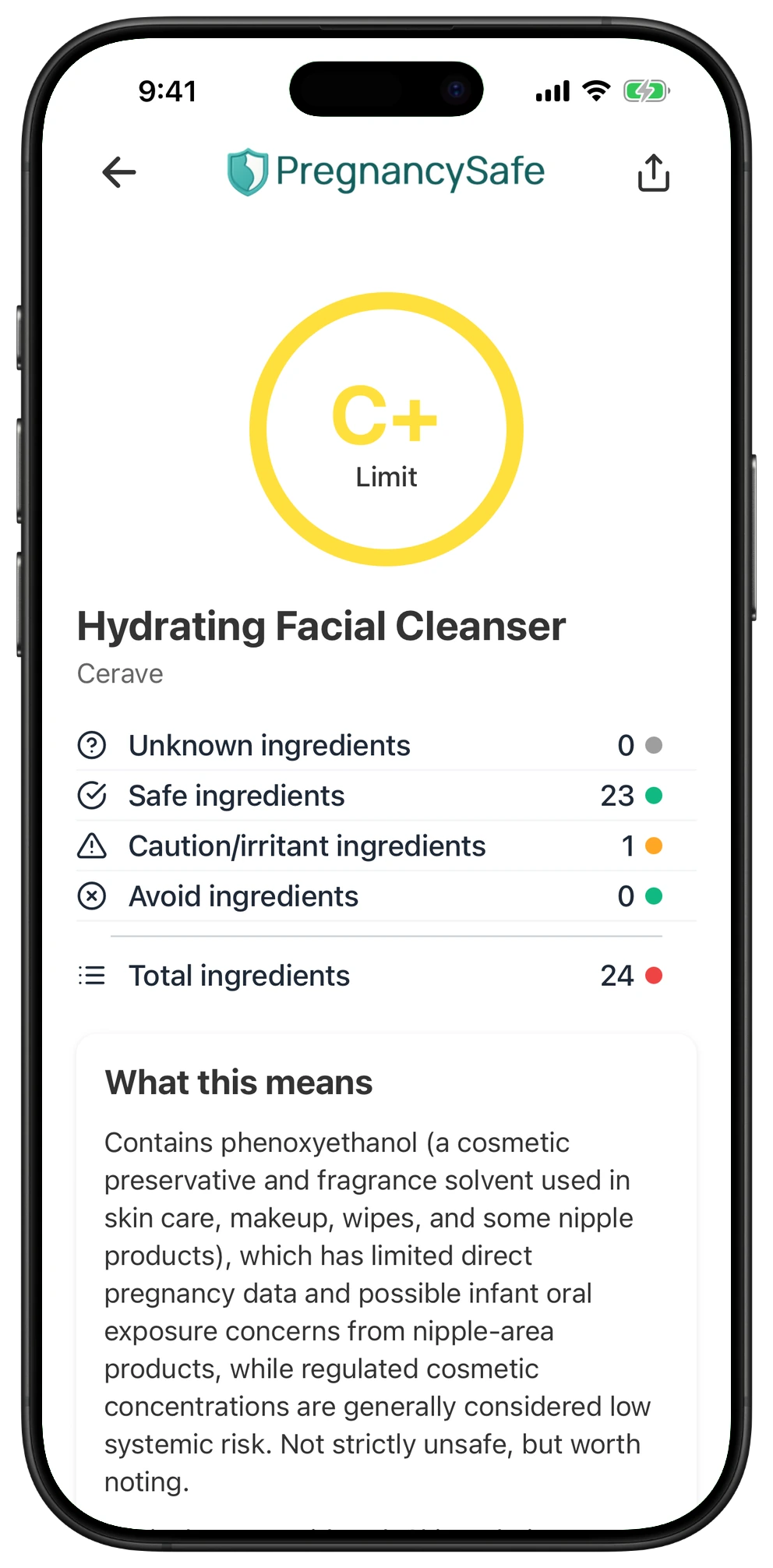 Pregnancy Safe app result for Hydrating Facial Cleanser