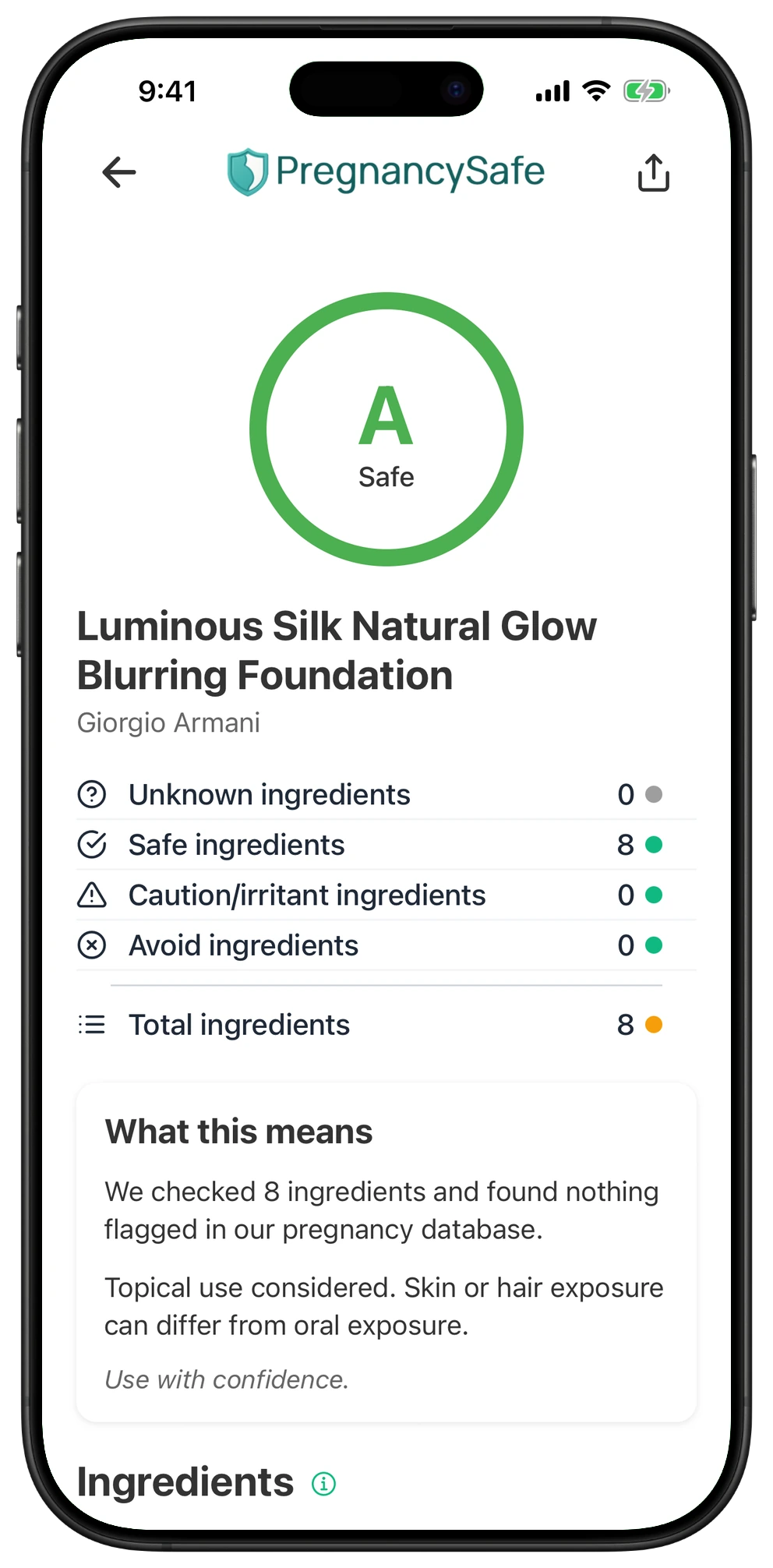 Pregnancy Safe app result for Luminous Silk Natural Glow Blurring Foundation