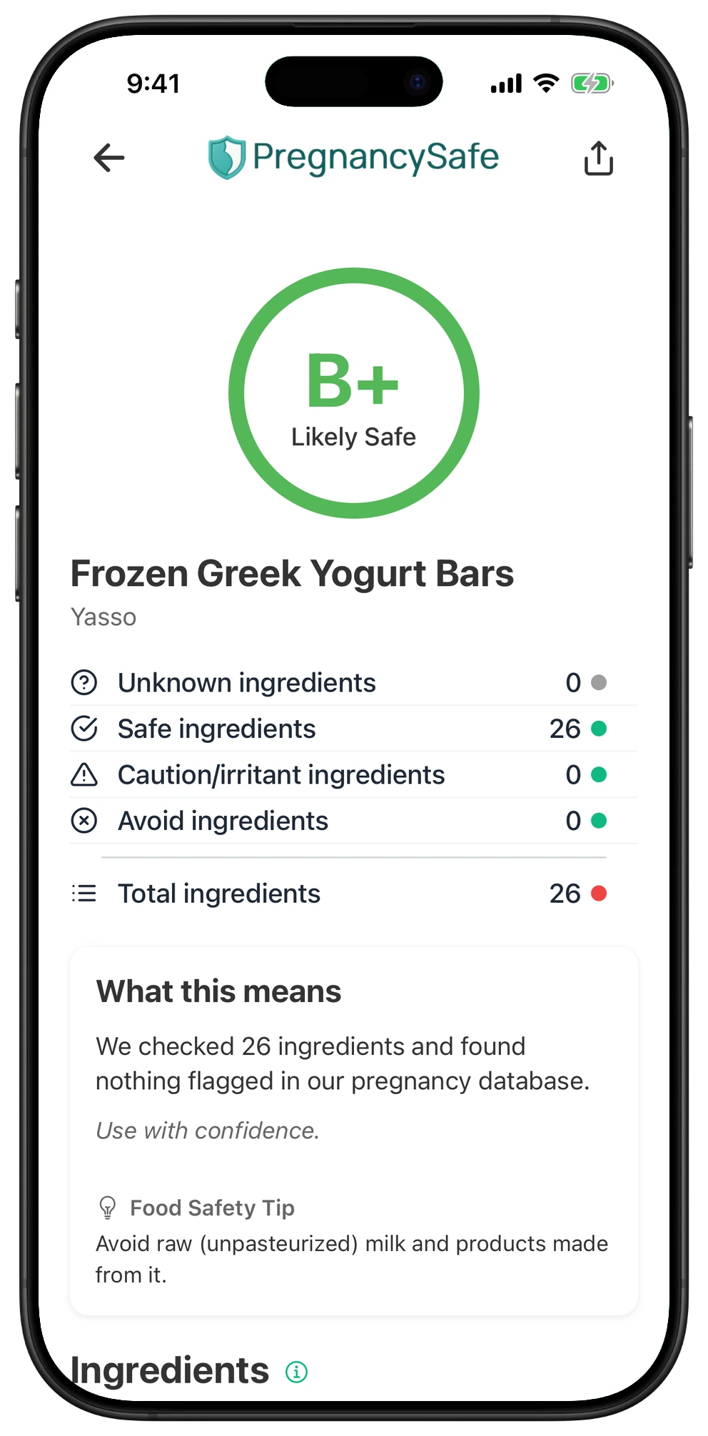 Pregnancy Safe app result for Frozen Greek Yogurt Bars