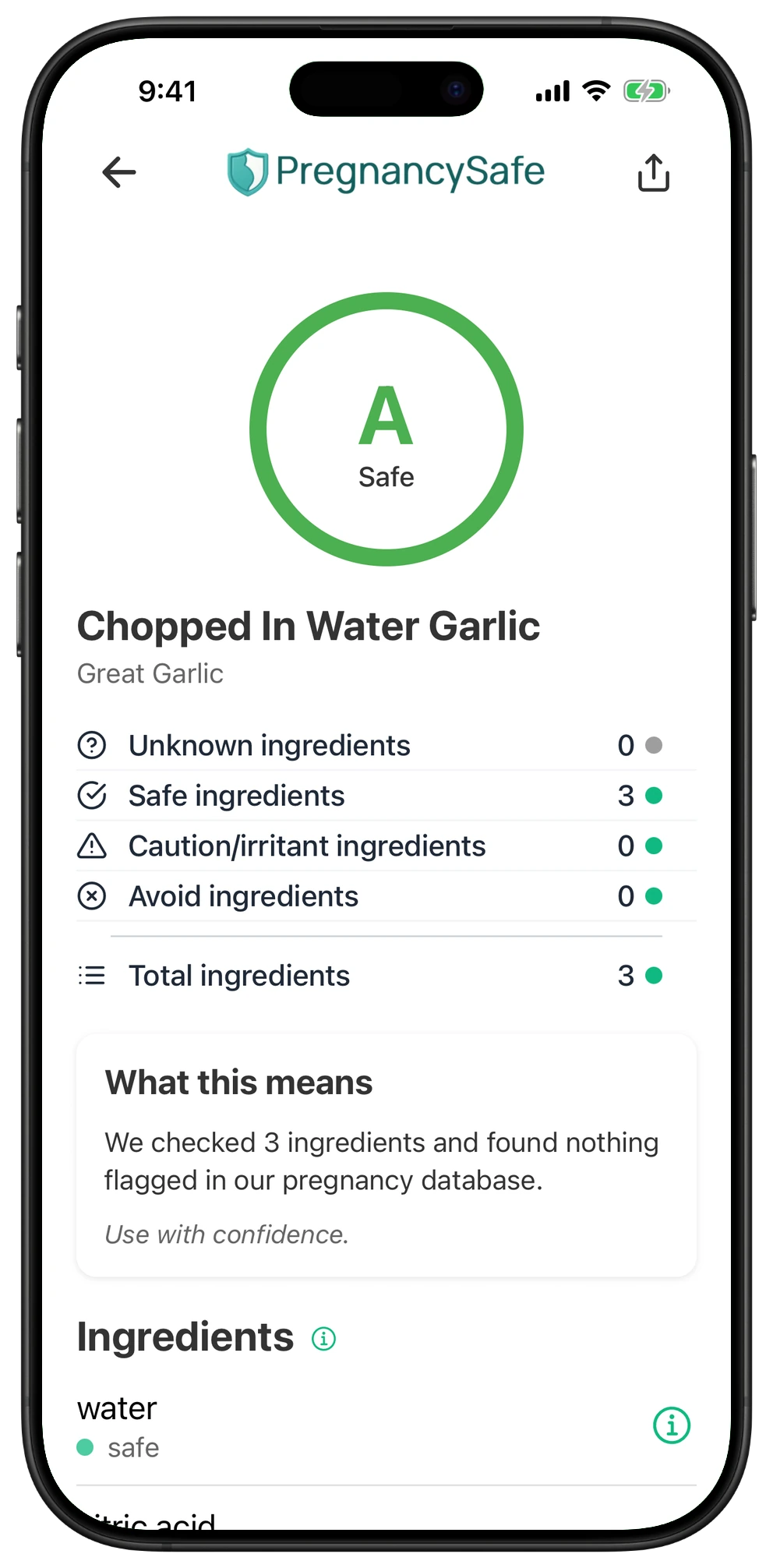 Pregnancy Safe app result for Chopped In Water Garlic