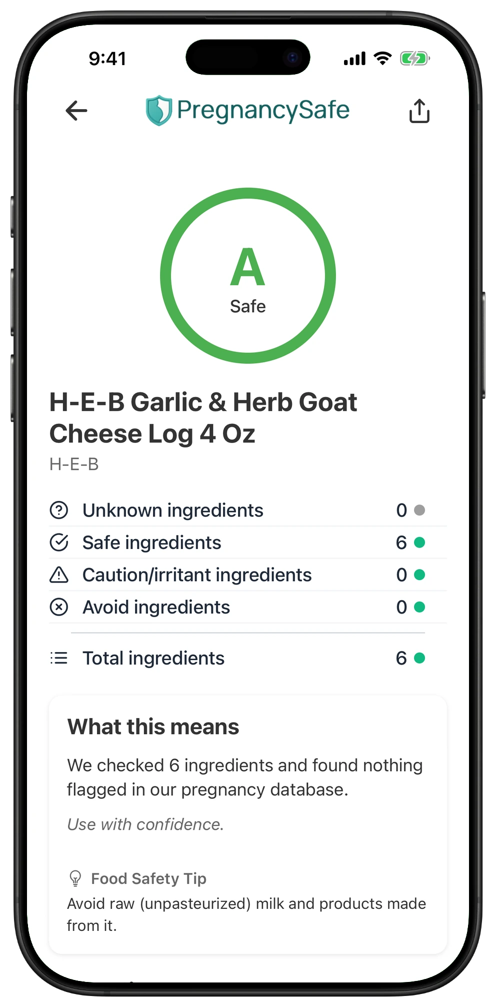 Pregnancy Safe app result for H-E-B Garlic & Herb Goat Cheese Log 4 Oz