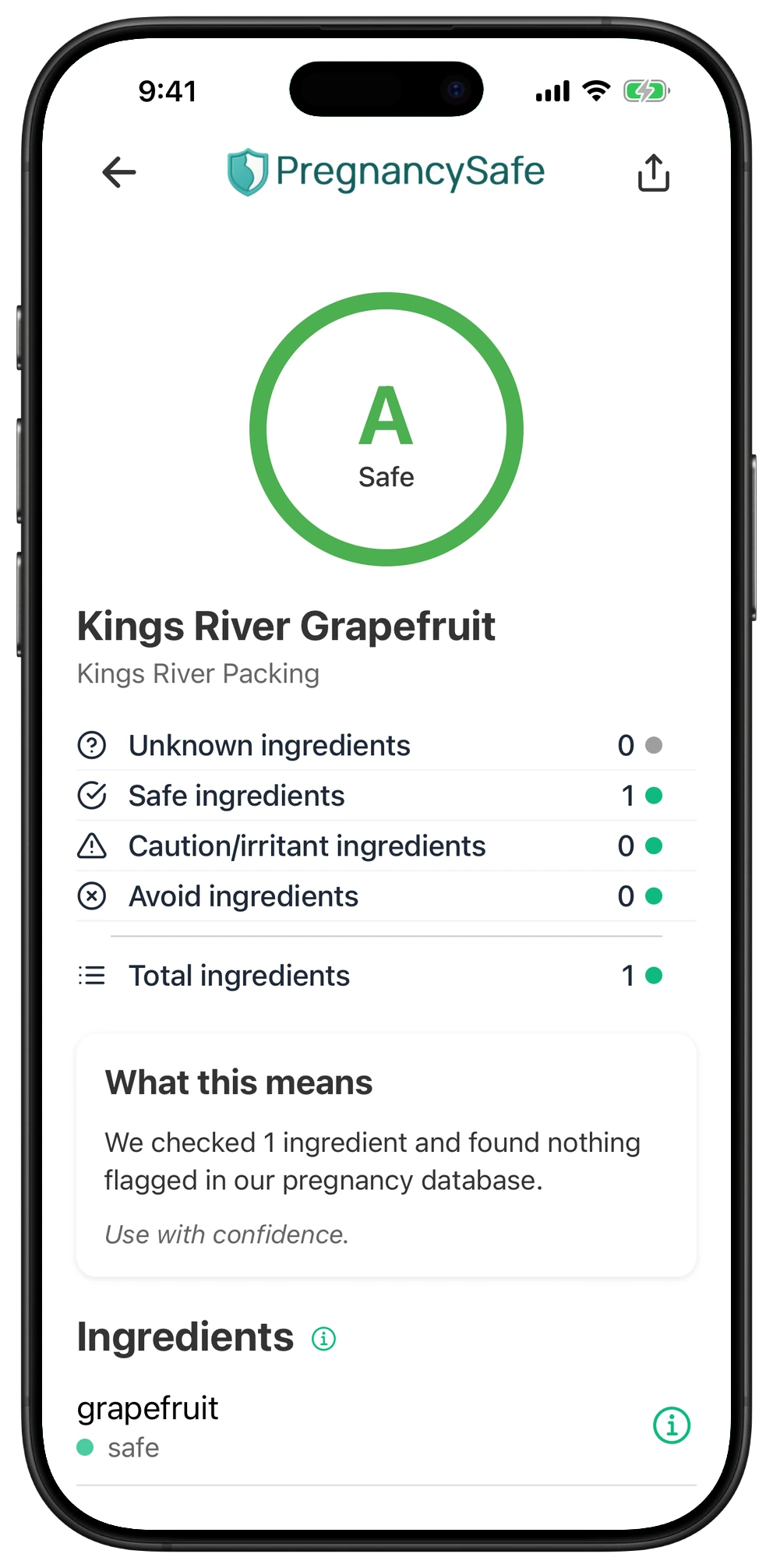 Pregnancy Safe app result for Kings River Grapefruit