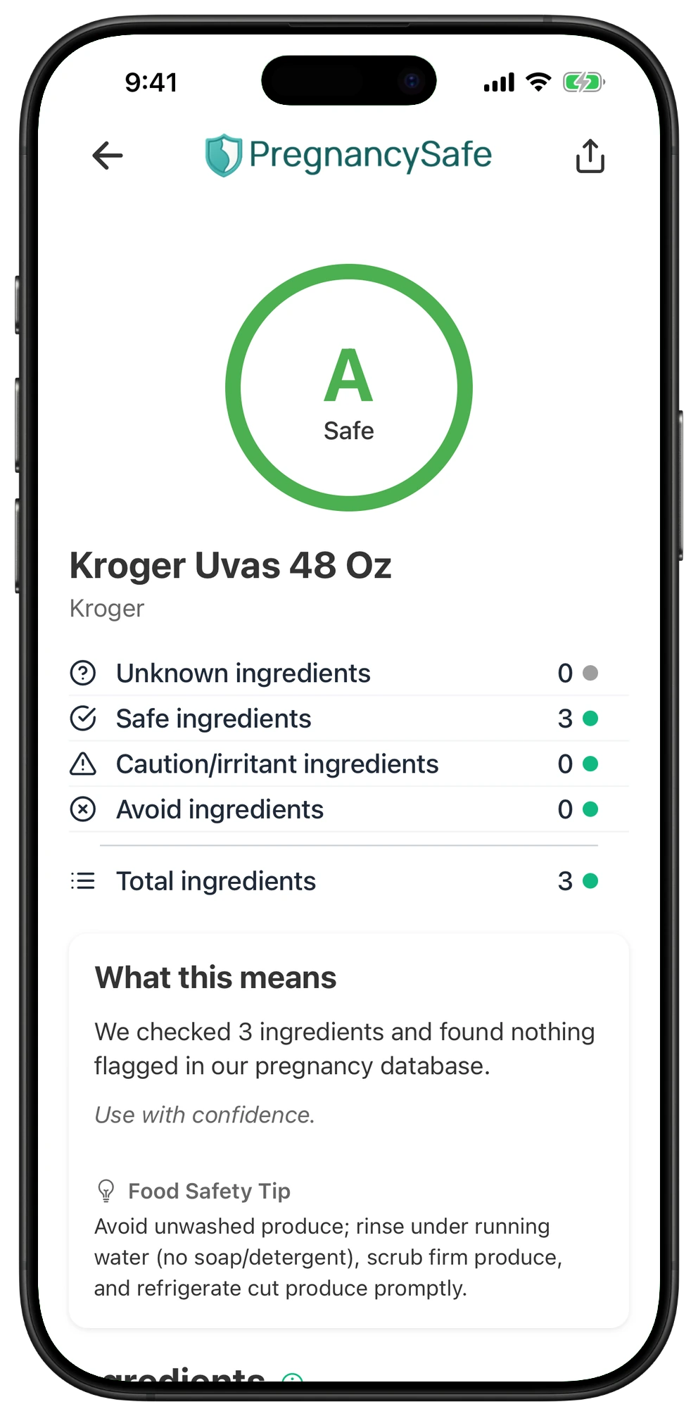 Pregnancy Safe app result for Kroger Uvas 48 Oz