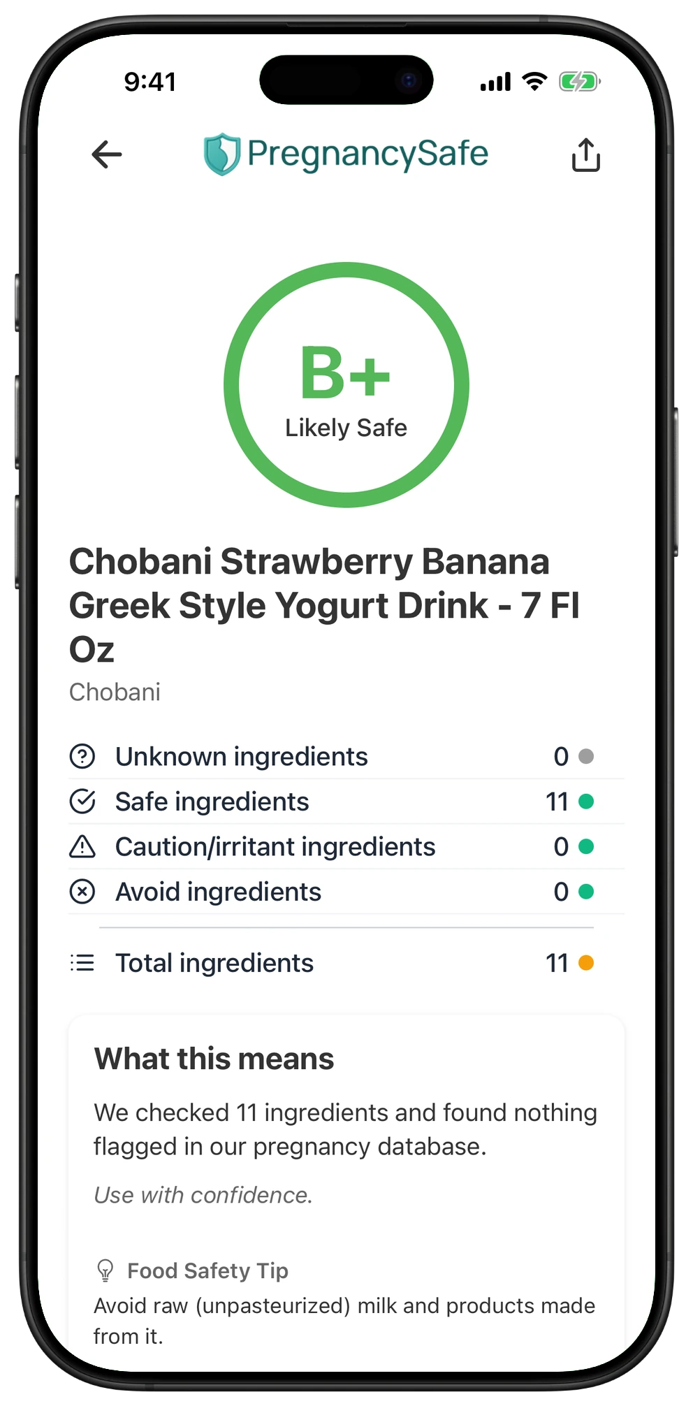 Pregnancy Safe app result for Chobani Strawberry Banana Greek Style Yogurt Drink - 7 Fl Oz