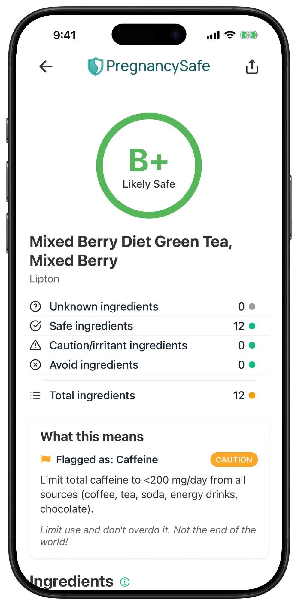 Pregnancy Safe app result for Mixed Berry Diet Green Tea, Mixed Berry