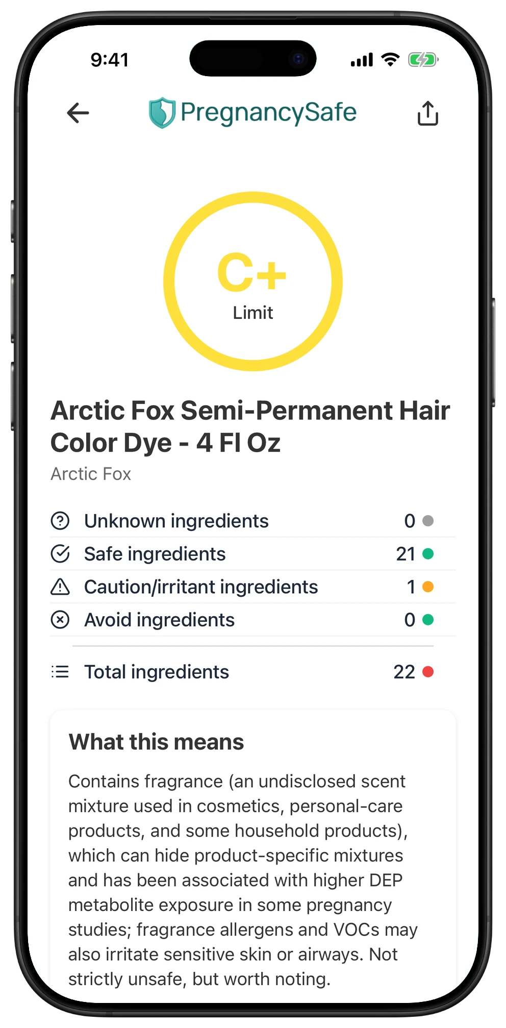 Pregnancy Safe app result for Arctic Fox Semi-Permanent Hair Color Dye - 4 Fl Oz