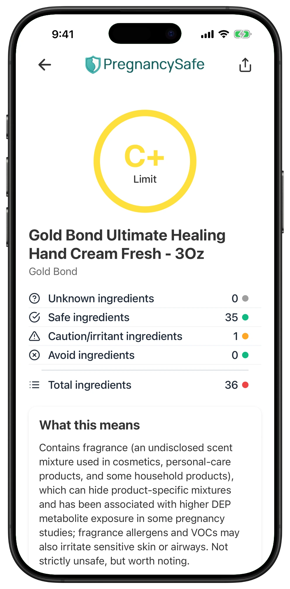 Pregnancy Safe app result for Gold Bond Ultimate Healing Hand Cream Fresh - 3Oz