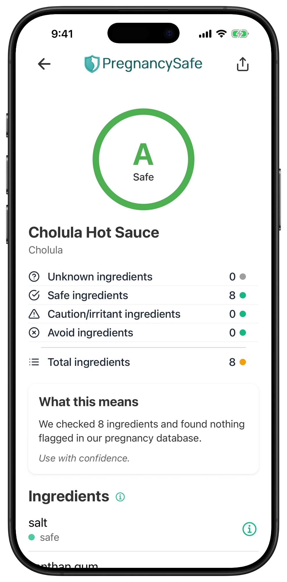 Pregnancy Safe app result for Cholula Hot Sauce