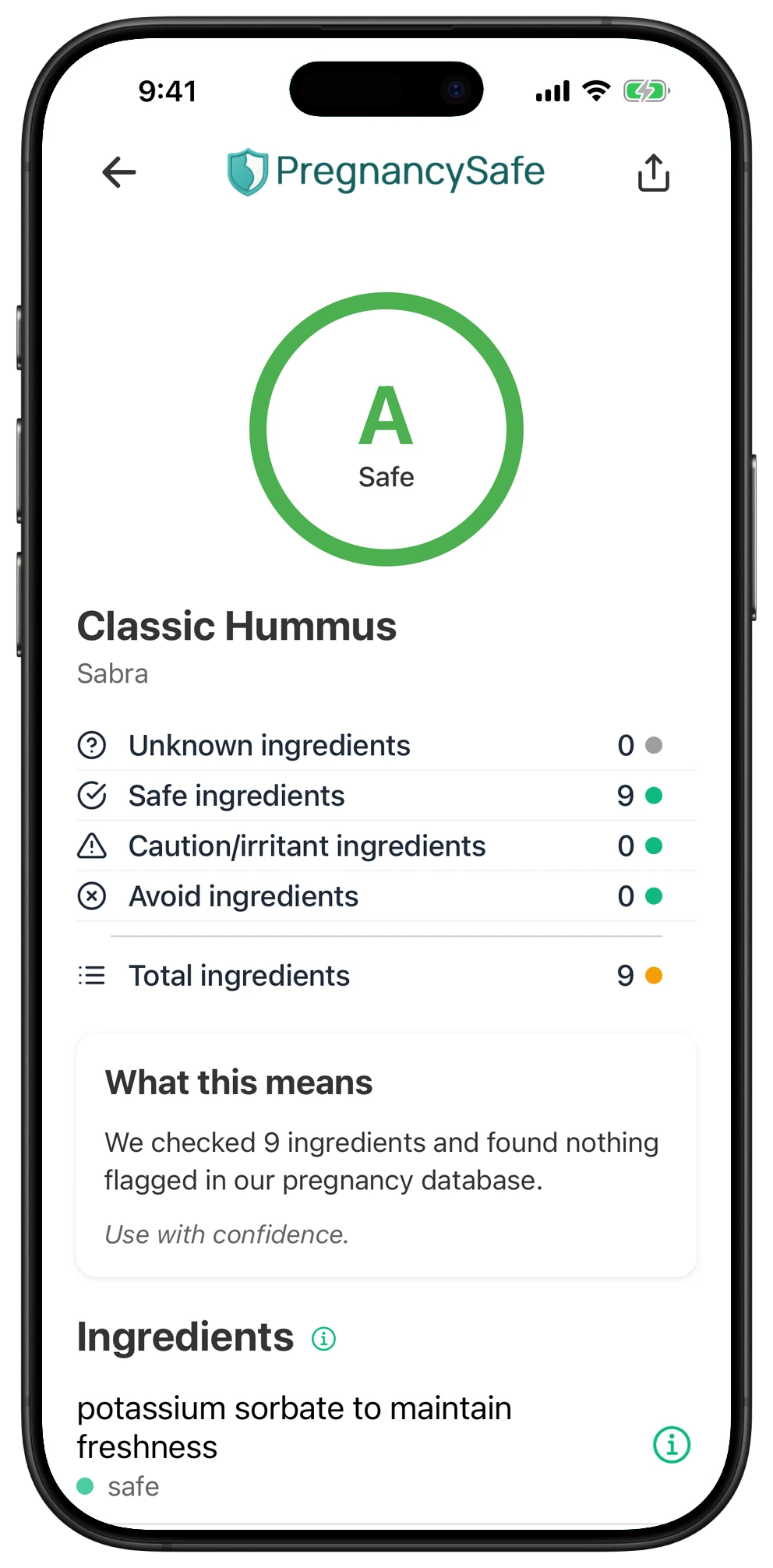 Pregnancy Safe app result for Classic Hummus