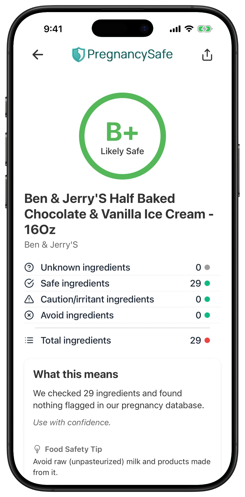 Pregnancy Safe app result for Ben & Jerry'S Half Baked Chocolate & Vanilla Ice Cream - 16Oz