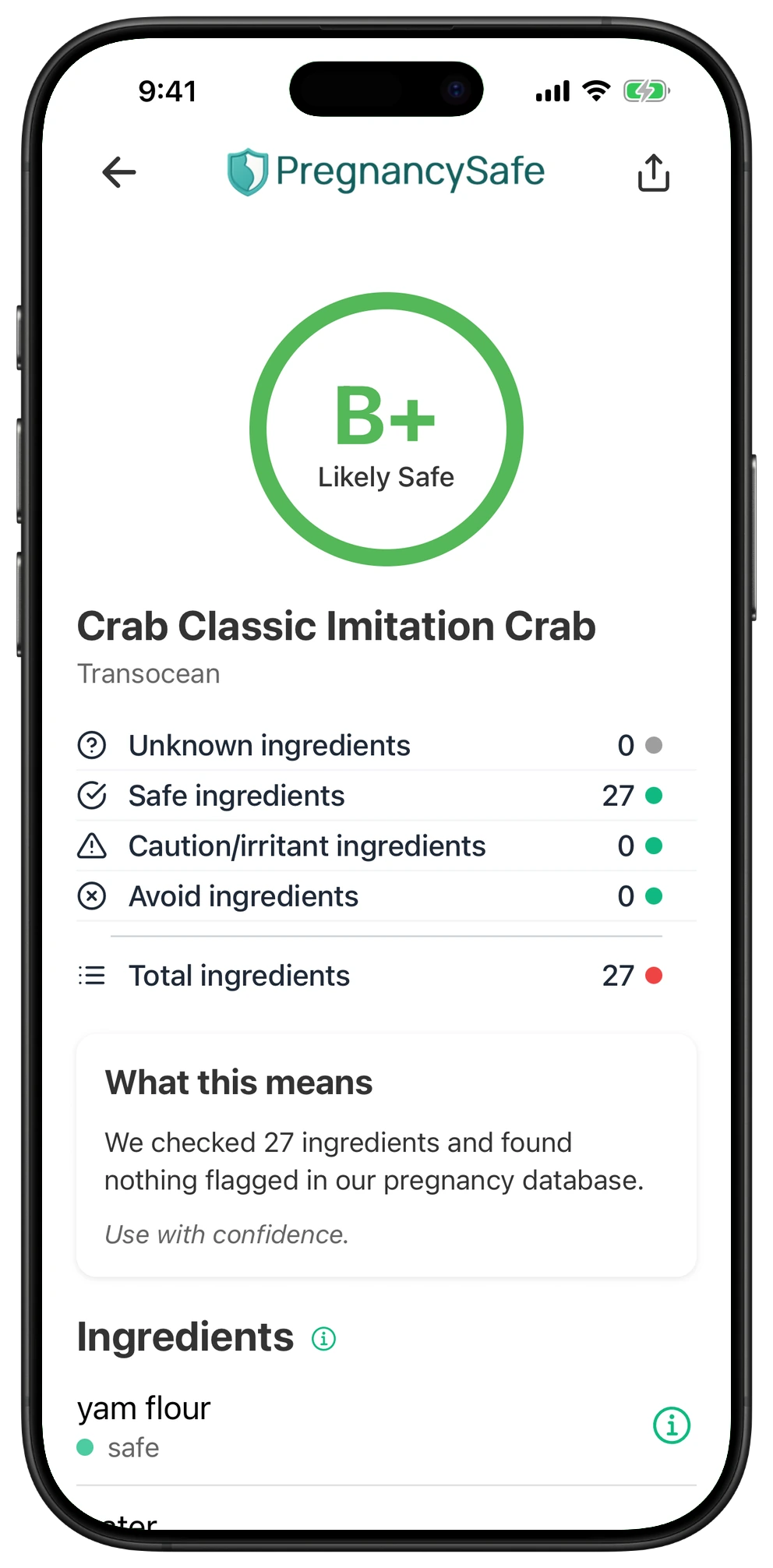 Pregnancy Safe app result for Crab Classic Imitation Crab