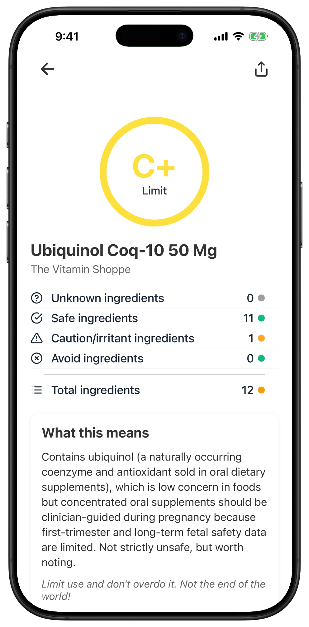 Pregnancy Safe app result for Ubiquinol Coq-10 50 Mg