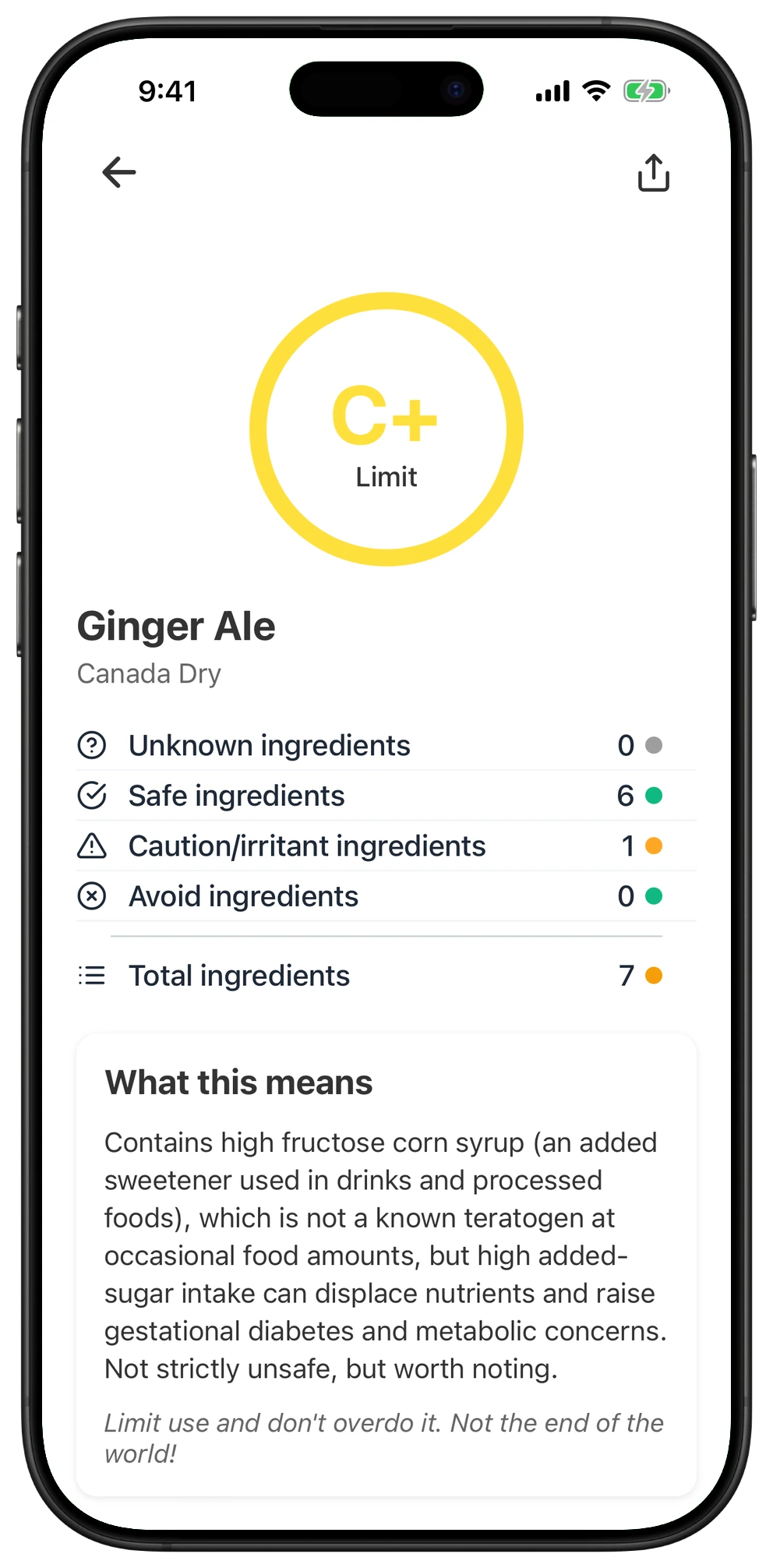 Pregnancy Safe app result for Ginger Ale