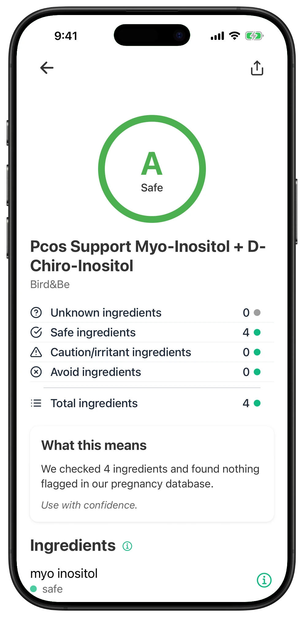 Pregnancy Safe app result for Pcos Support Myo-Inositol + D-Chiro-Inositol