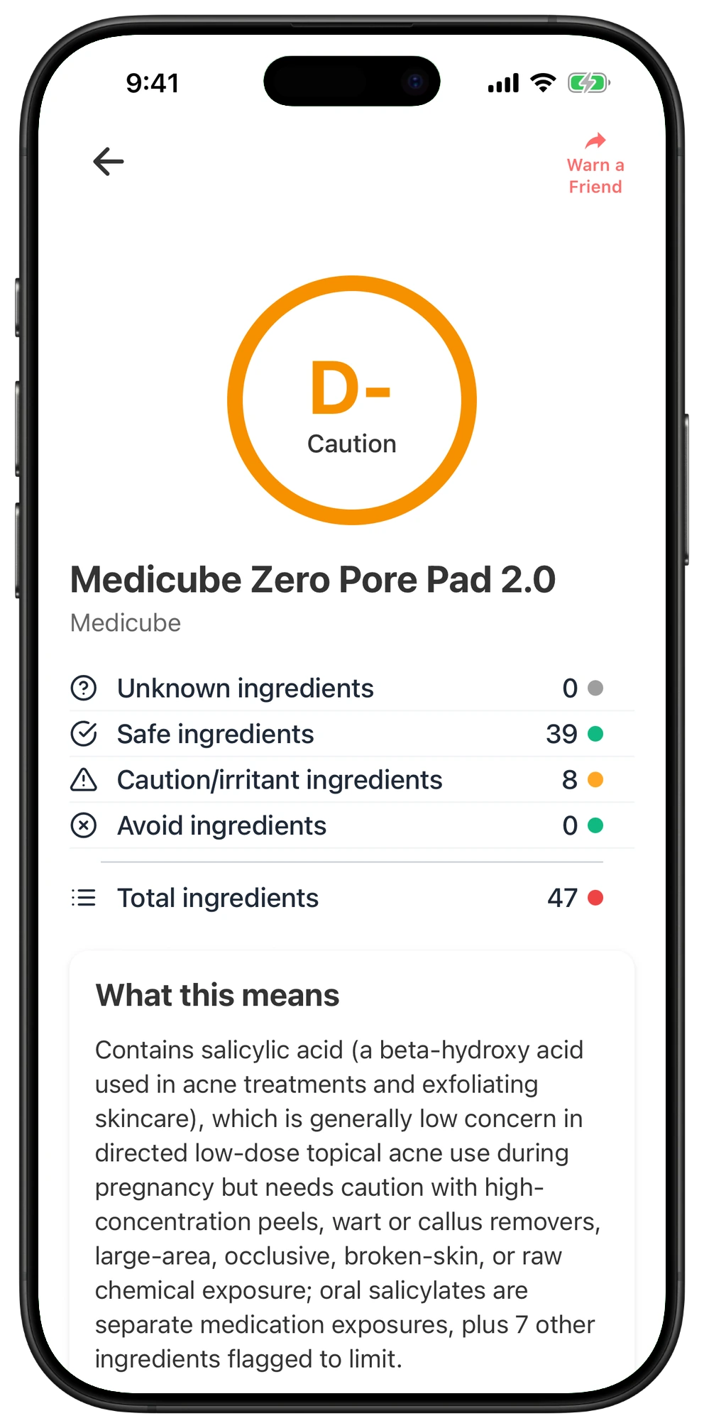 Pregnancy Safe app result for Medicube Zero Pore Pad 2.0
