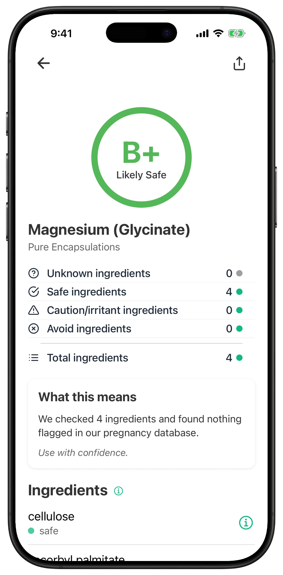 Pregnancy Safe app result for Magnesium (Glycinate)