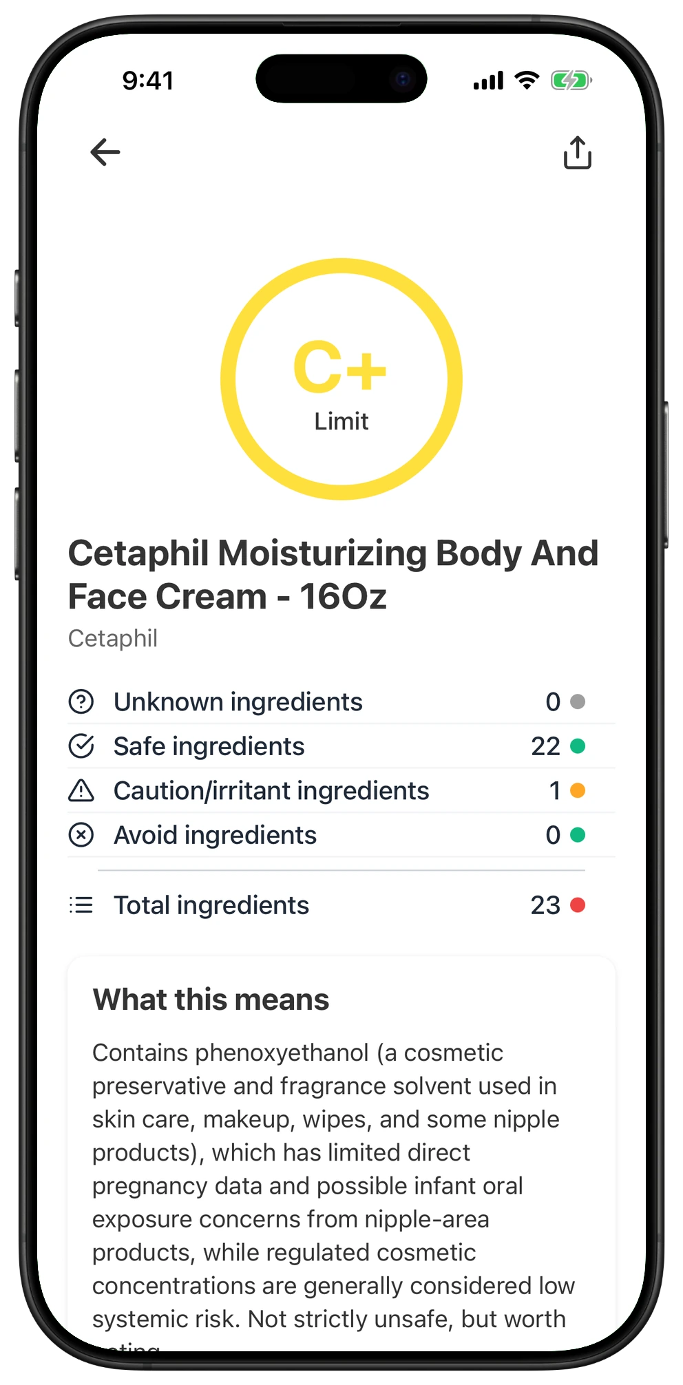 Pregnancy Safe app result for Cetaphil Moisturizing Body And Face Cream - 16Oz