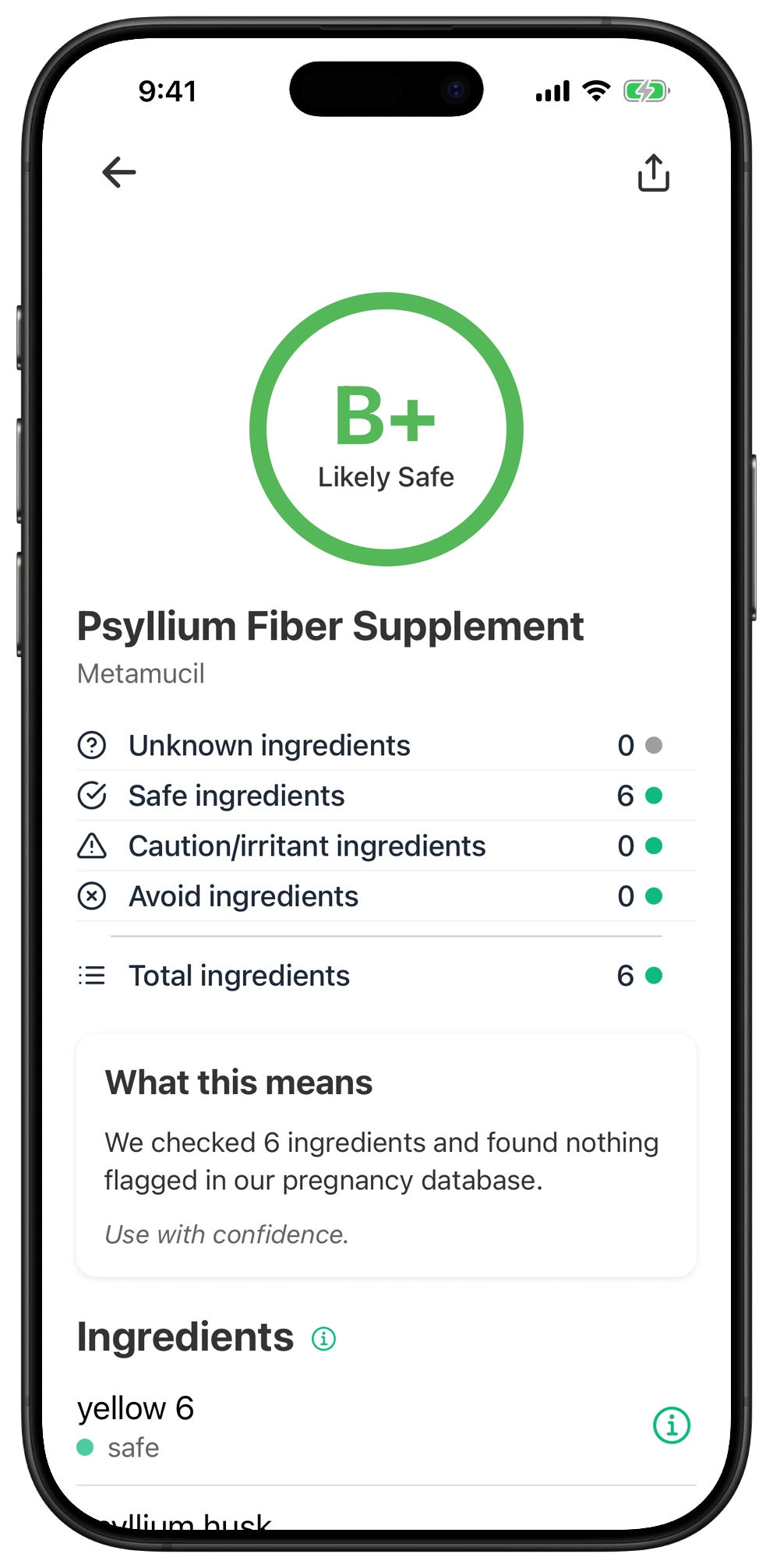 Pregnancy Safe app result for Psyllium Fiber Supplement