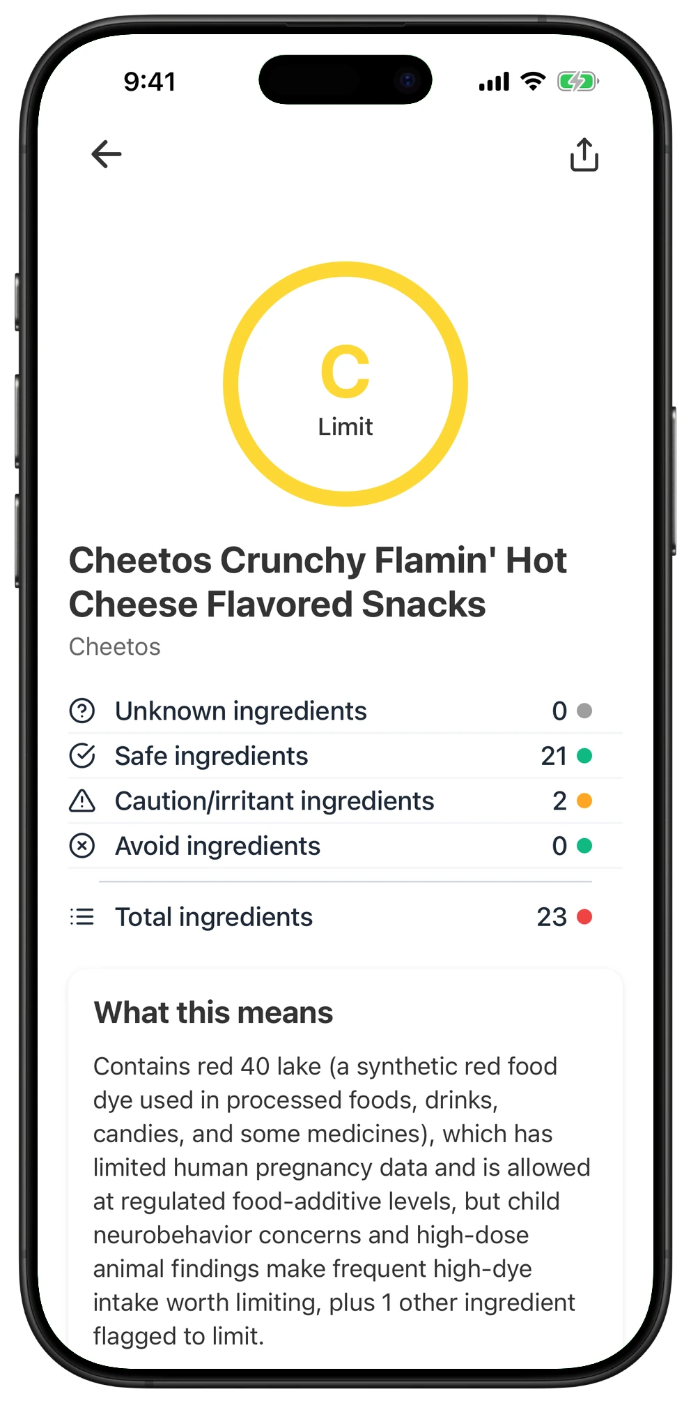 Pregnancy Safe app result for Cheetos Crunchy Flamin' Hot Cheese Flavored Snacks