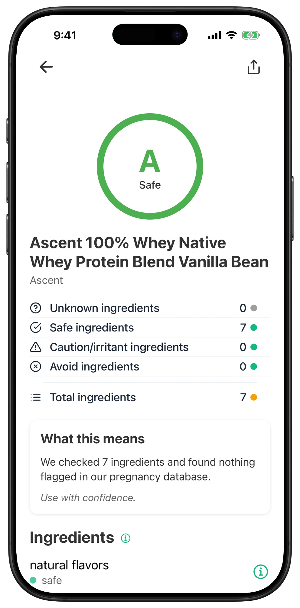 Pregnancy Safe app result for Ascent 100% Whey Native Whey Protein Blend Vanilla Bean