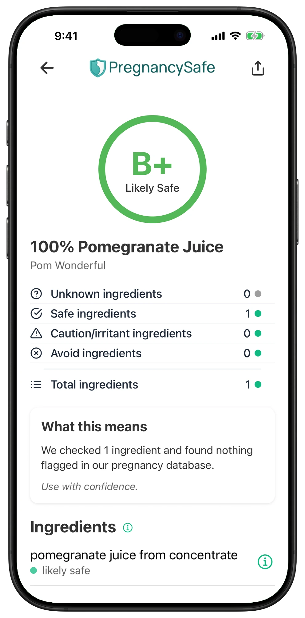 Pregnancy Safe app result for 100% Pomegranate Juice