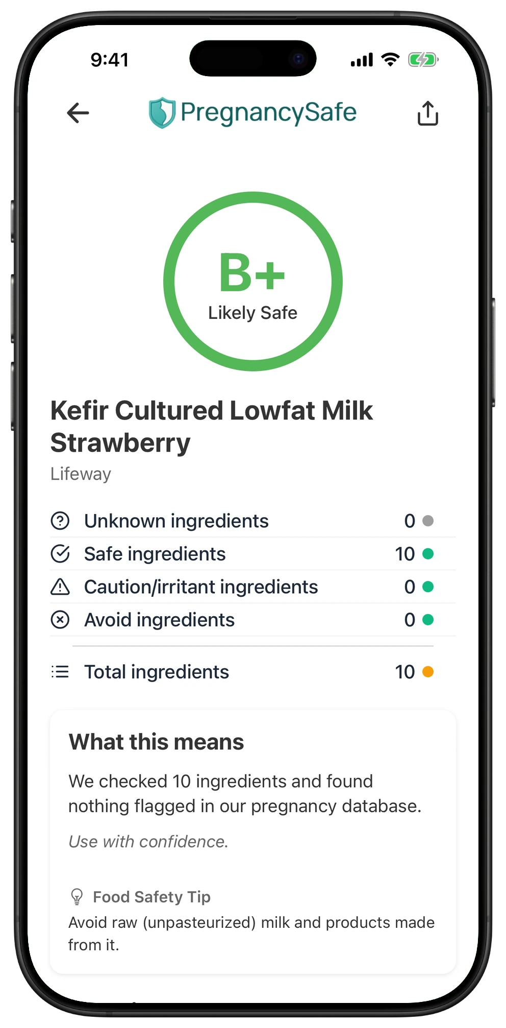 Pregnancy Safe app result for Kefir Cultured Lowfat Milk Strawberry