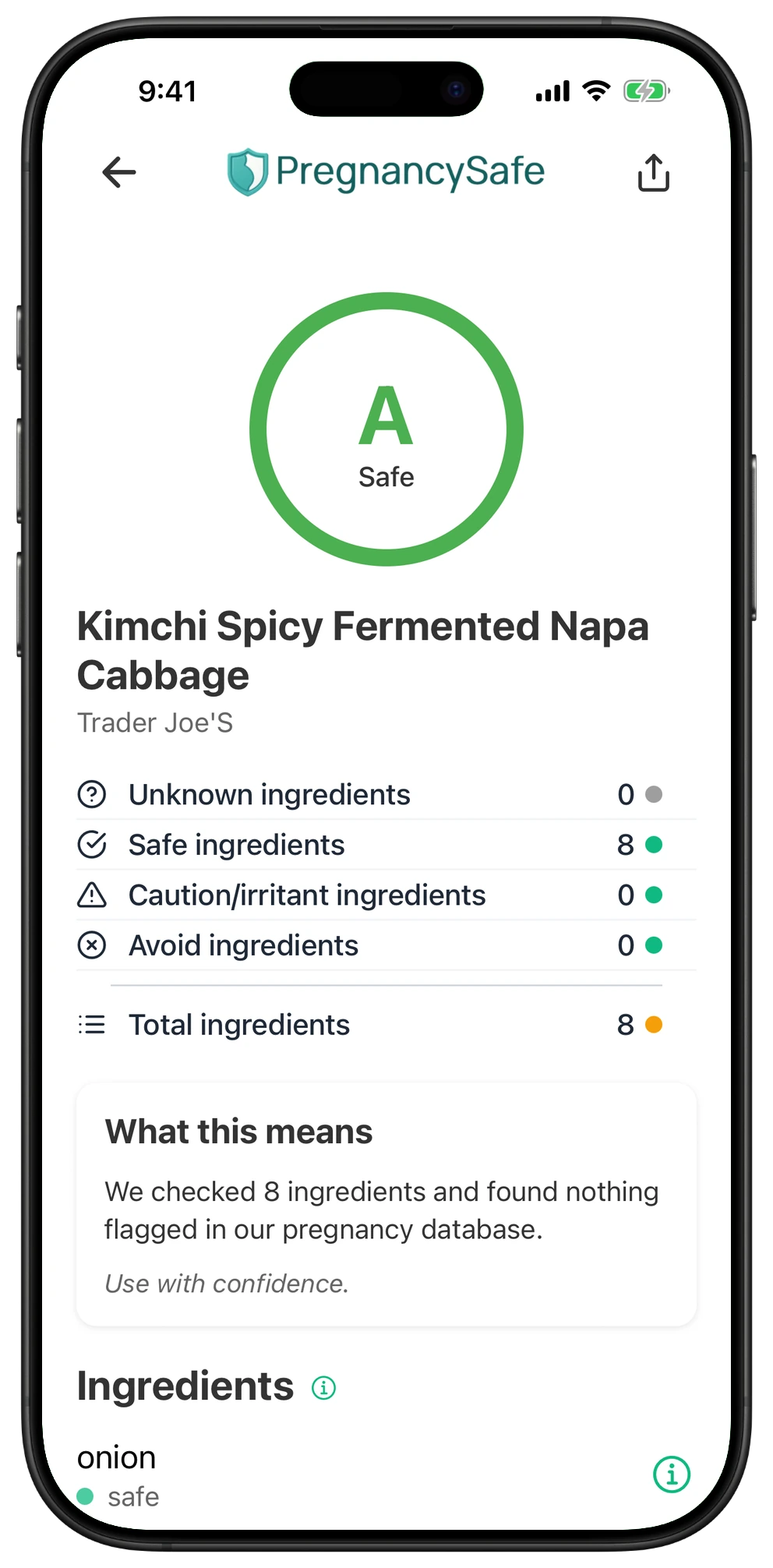 Pregnancy Safe app result for Kimchi Spicy Fermented Napa Cabbage