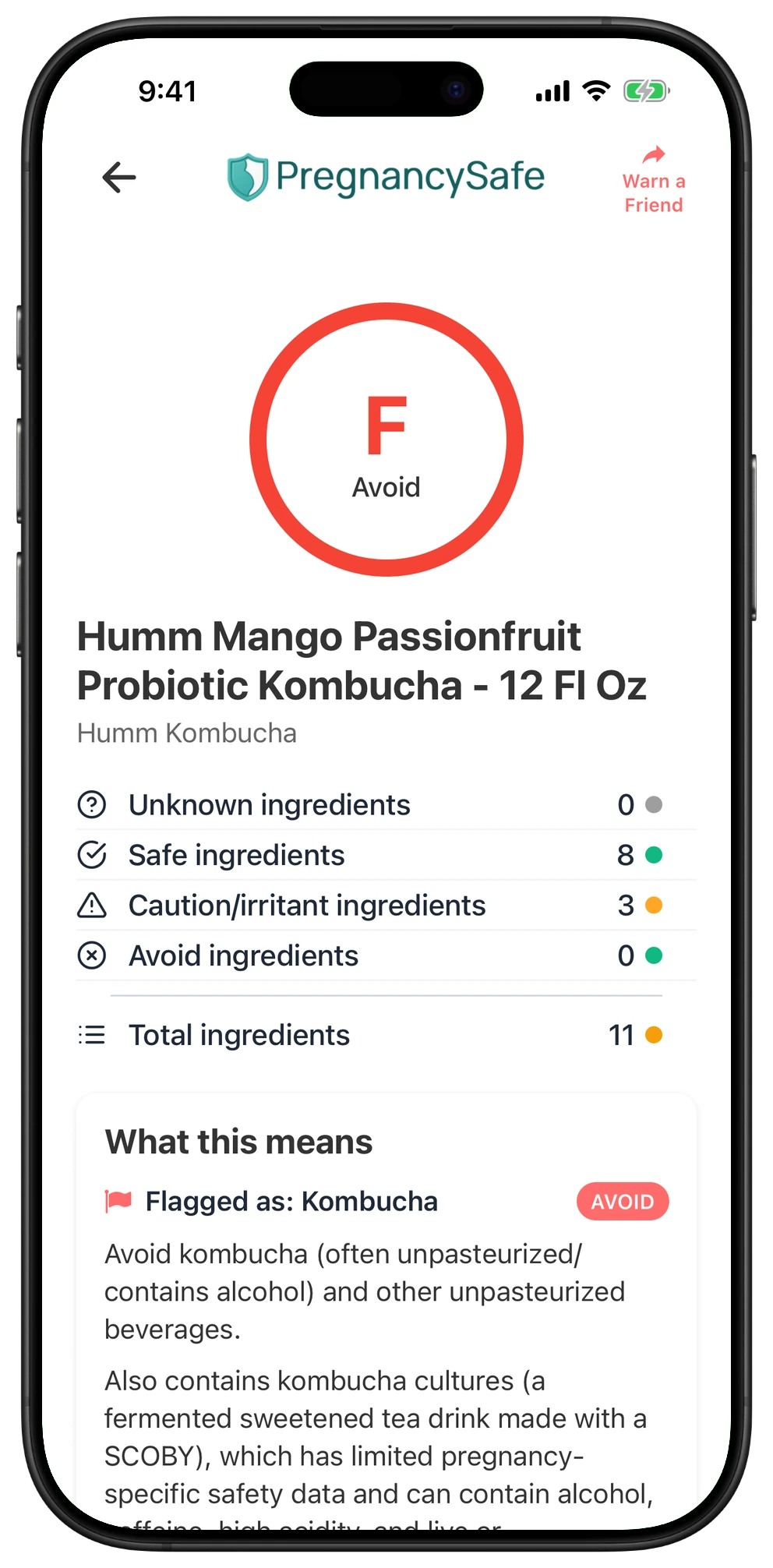 Pregnancy Safe app result for Humm Mango Passionfruit Probiotic Kombucha - 12 Fl Oz
