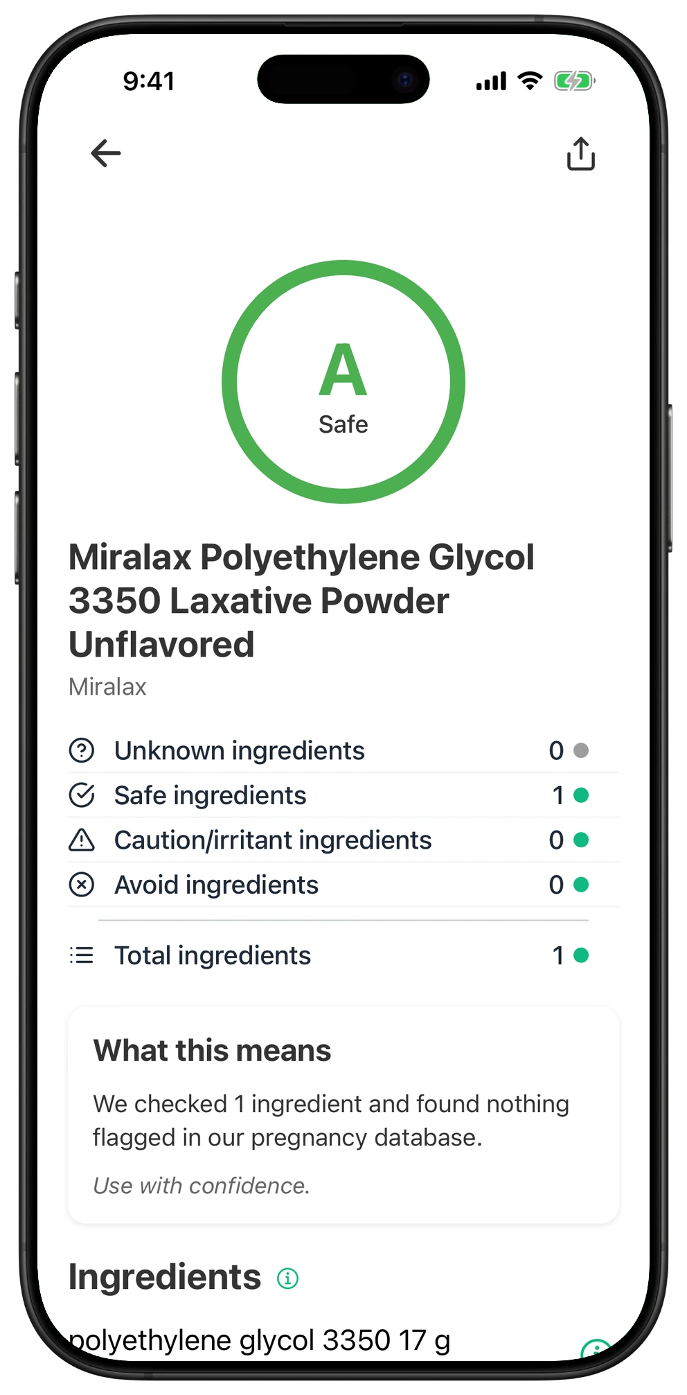 Pregnancy Safe app result for Miralax Polyethylene Glycol 3350 Laxative Powder Unflavored