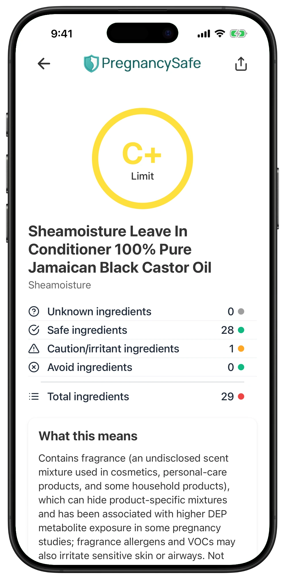 Pregnancy Safe app result for Sheamoisture Leave In Conditioner 100% Pure Jamaican Black Castor Oil