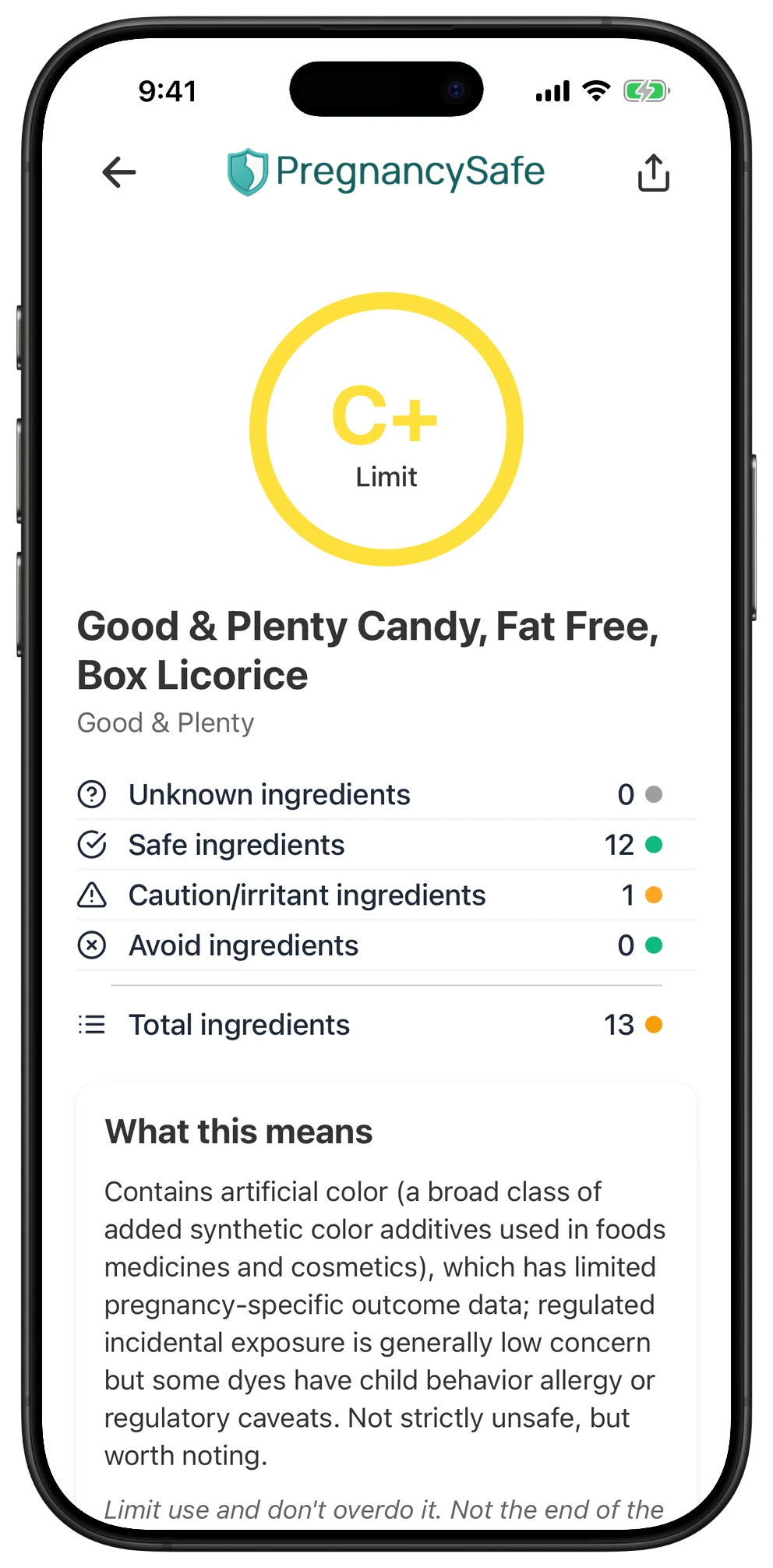 Pregnancy Safe app result for Good & Plenty Candy, Fat Free, Box Licorice
