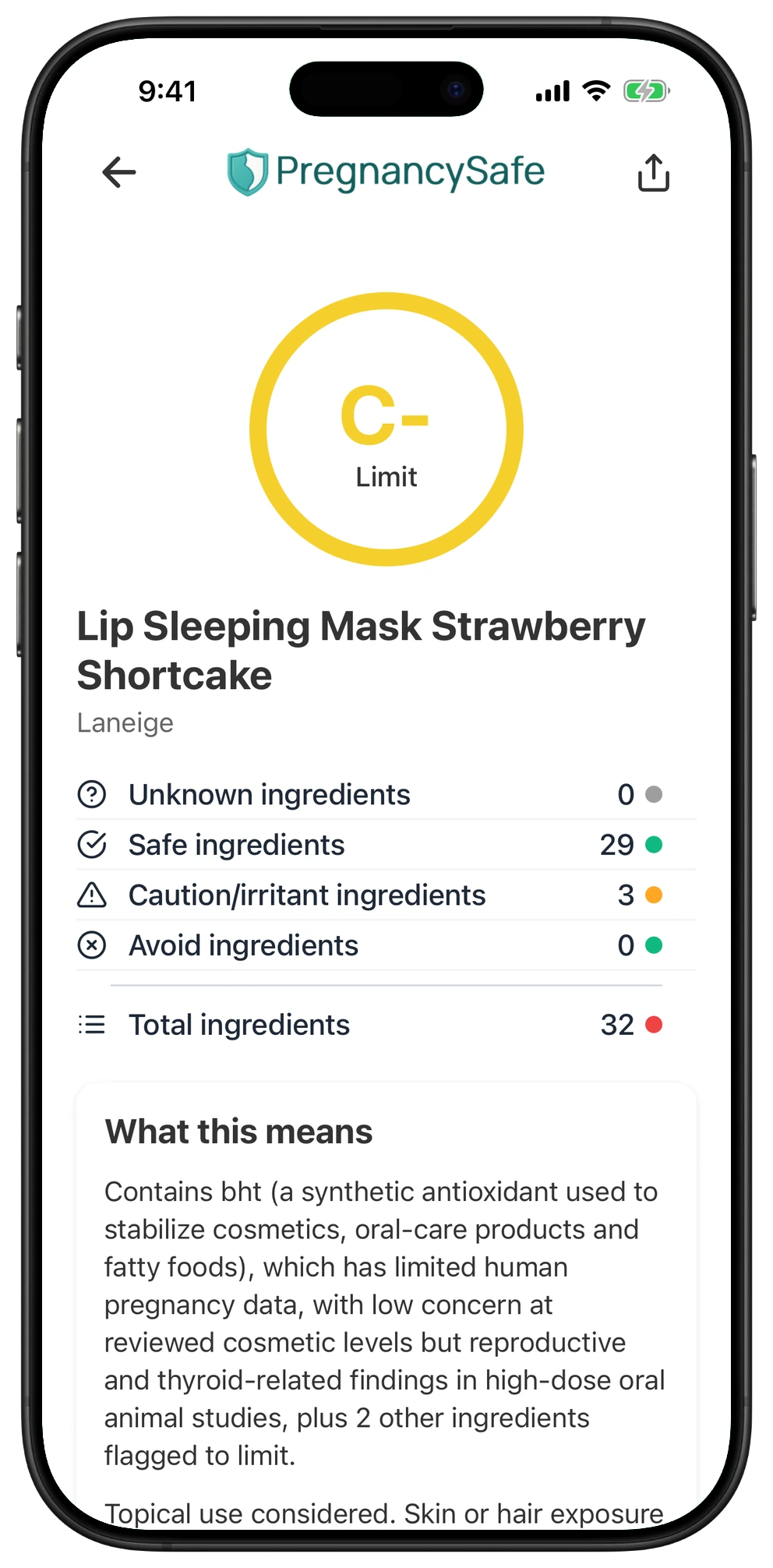 Pregnancy Safe app result for Lip Sleeping Mask Strawberry Shortcake
