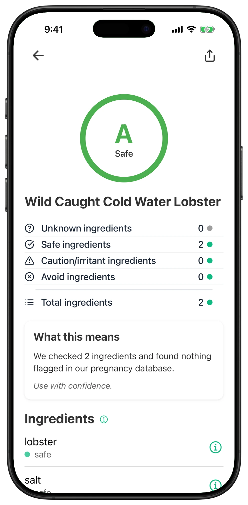 Pregnancy Safe app result for Wild Caught Cold Water Lobster