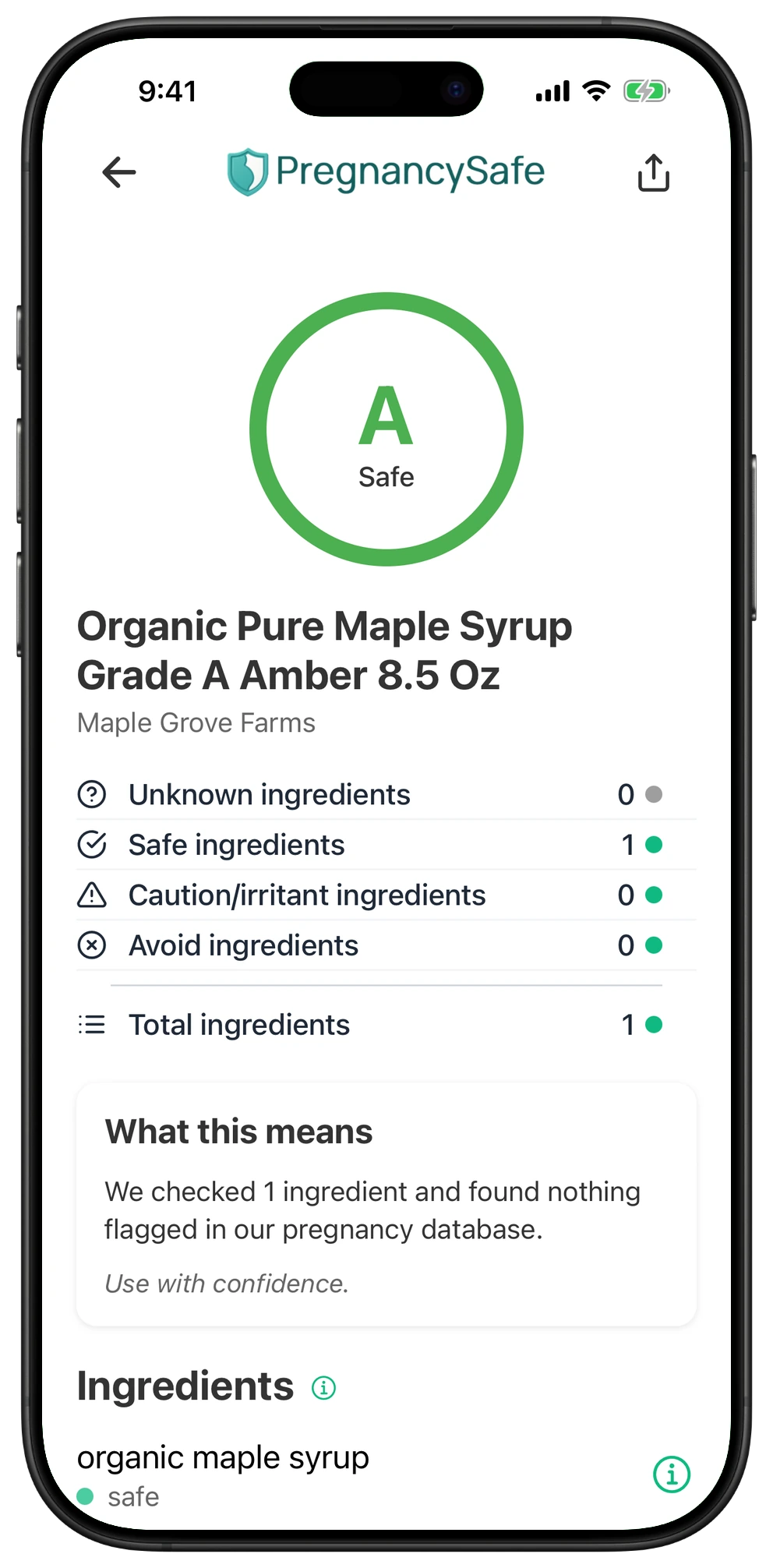 Pregnancy Safe app result for Organic Pure Maple Syrup Grade A Amber 8.5 Oz