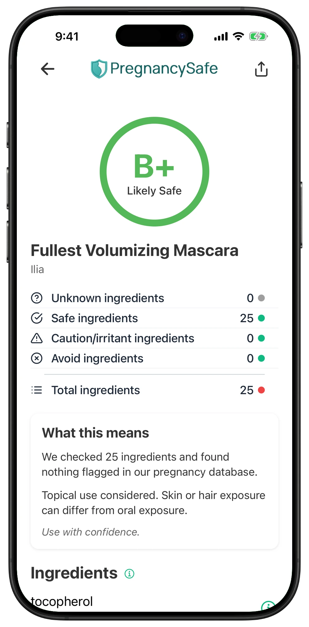 Pregnancy Safe app result for Fullest Volumizing Mascara