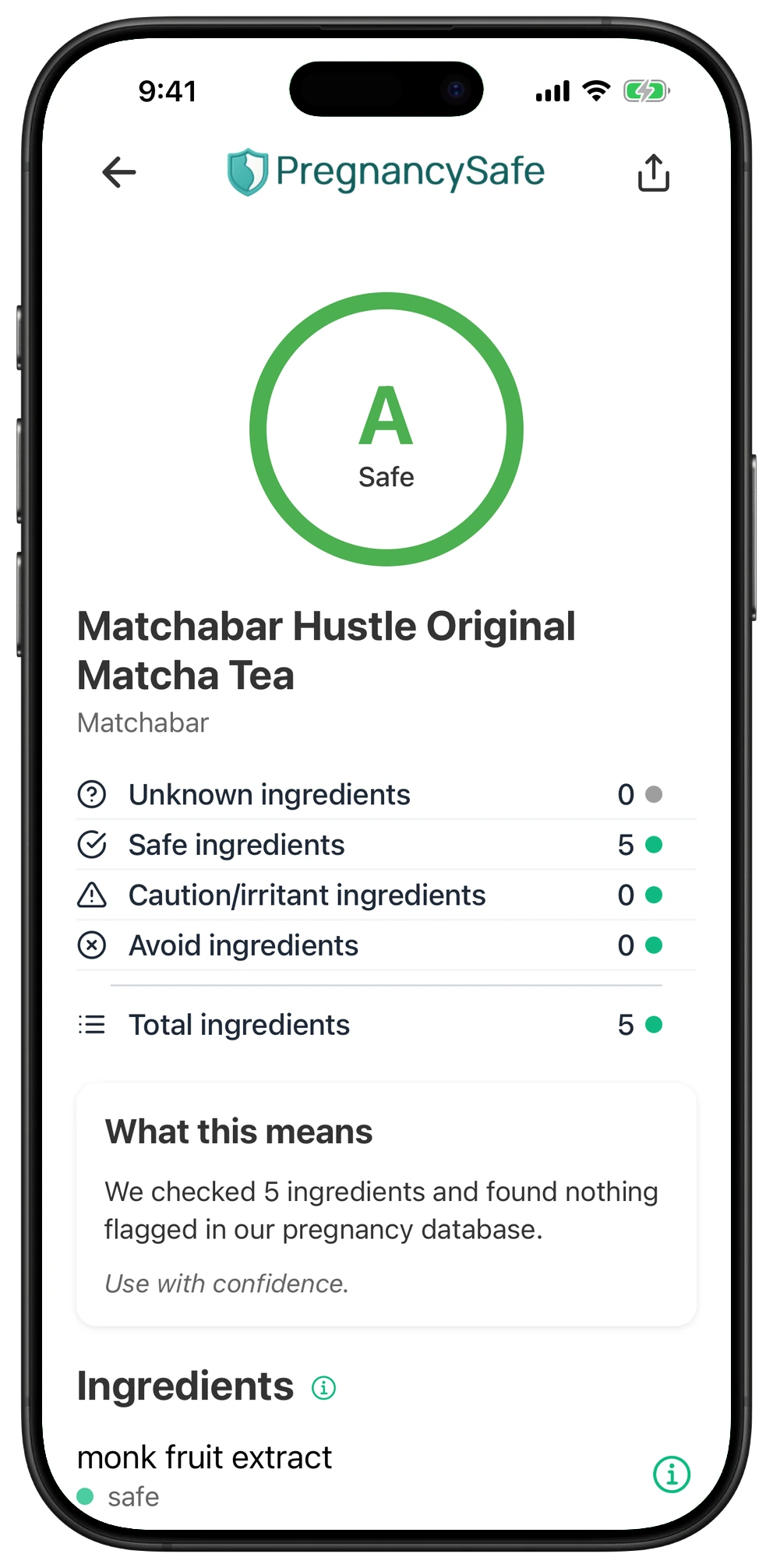 Pregnancy Safe app result for Matchabar Hustle Original Matcha Tea